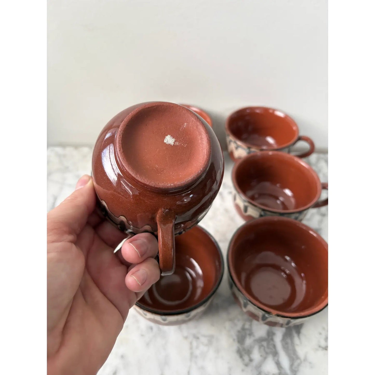 Vintage Handmade Hand Painted Bulgarian Red Clay Pottery Tea/Coffee Cups