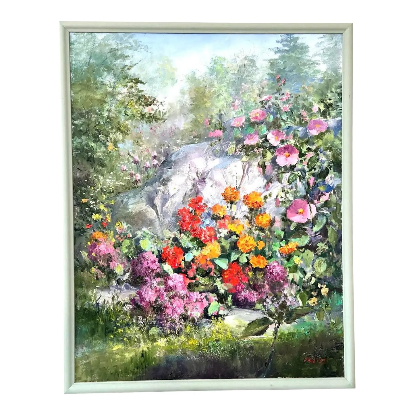 Floral Rock by Dorothy Fanizzi, 20th Century Oil Painting on Canvas, Framed