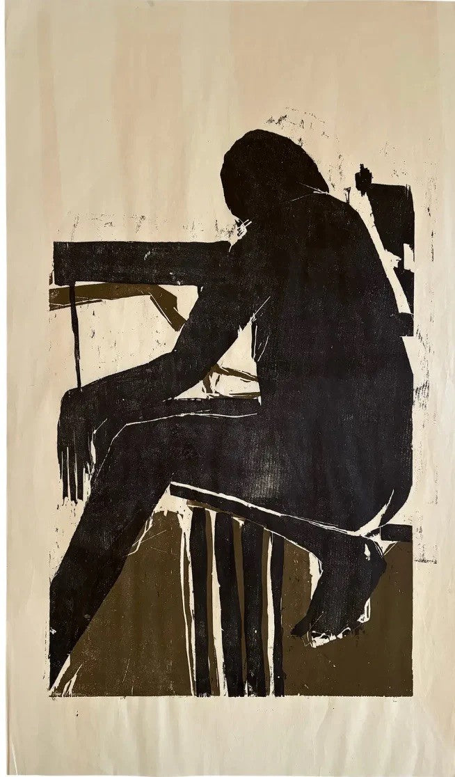 Barbara Beck 1970s Black and Brown Woodblock Print on Paper
