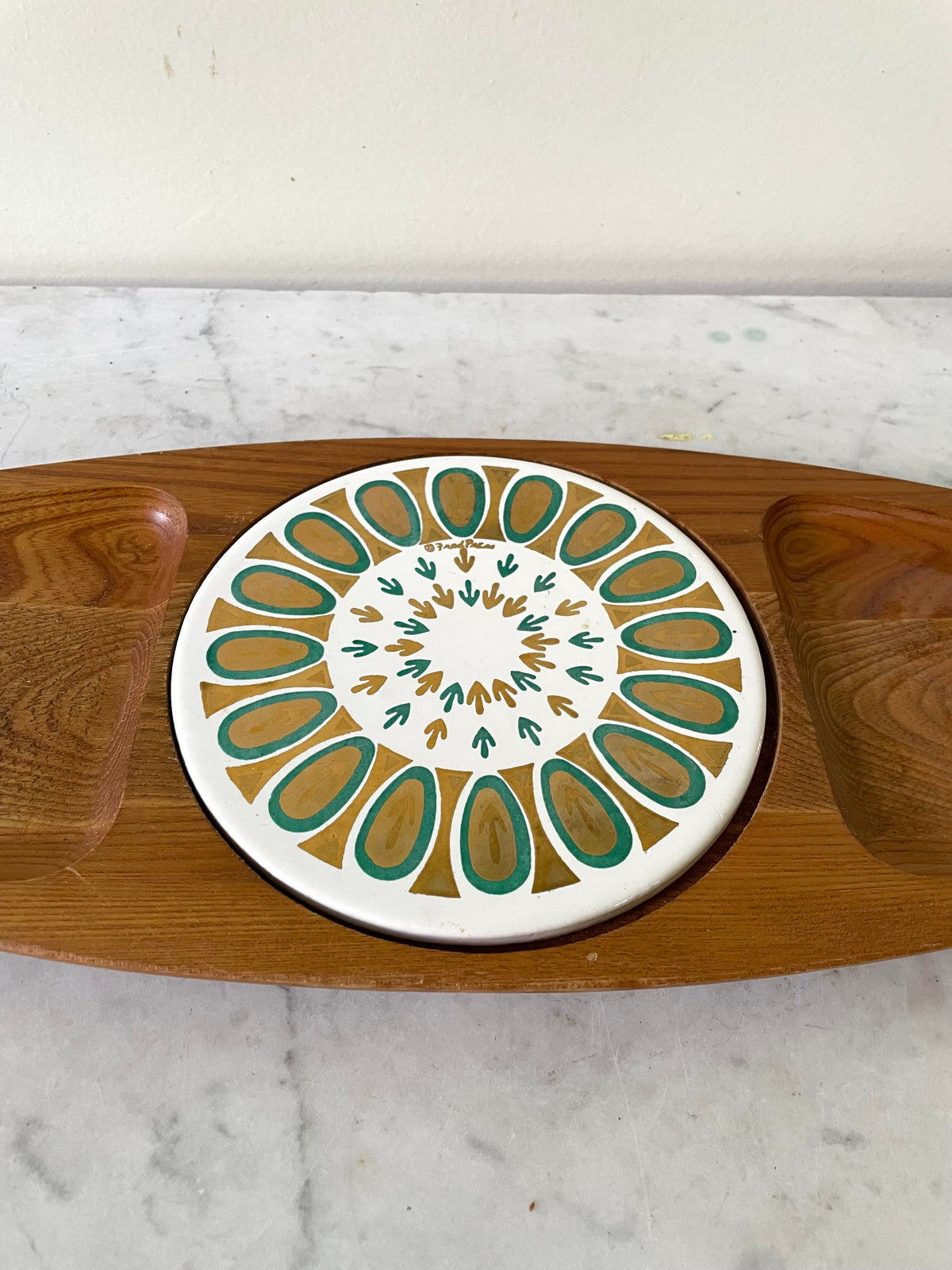 Vintage Fred Press Serving Tray With Trivet - Hand Carved Sere Wood, Japan
