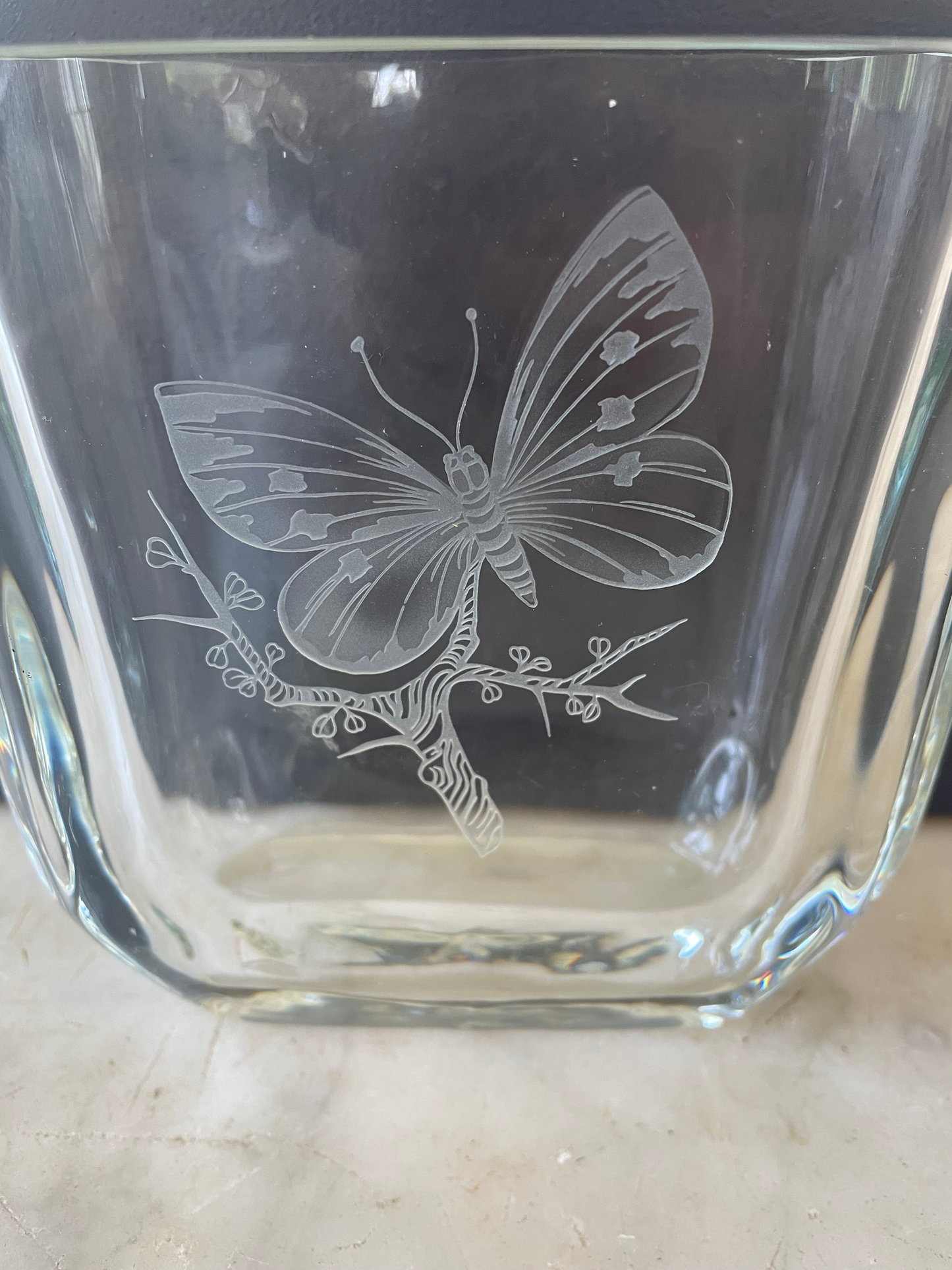 Orrefors Crystal Mid Century Scandinavian Art Glass Vase With Butterfly Design