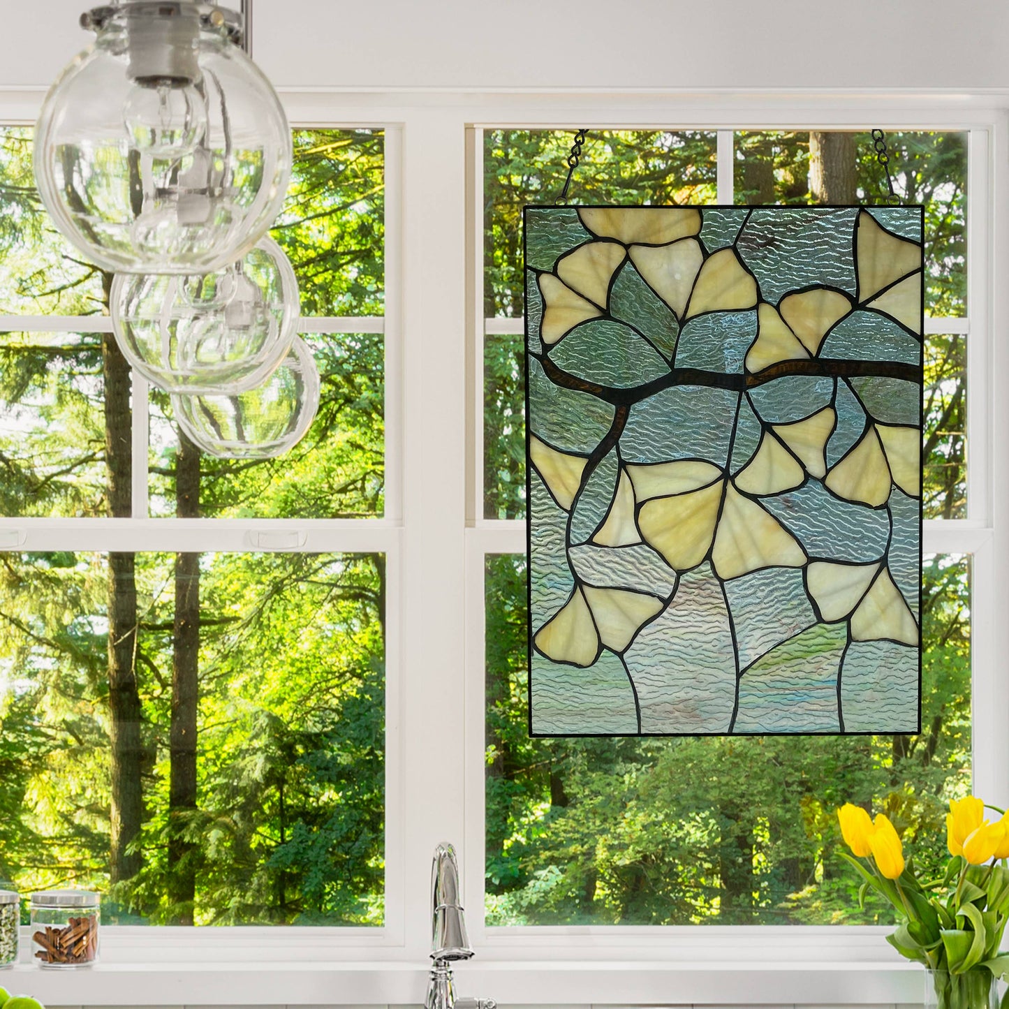 Stained Glass Robert Yellow Gingko Leaf Window Panel 17.5"H