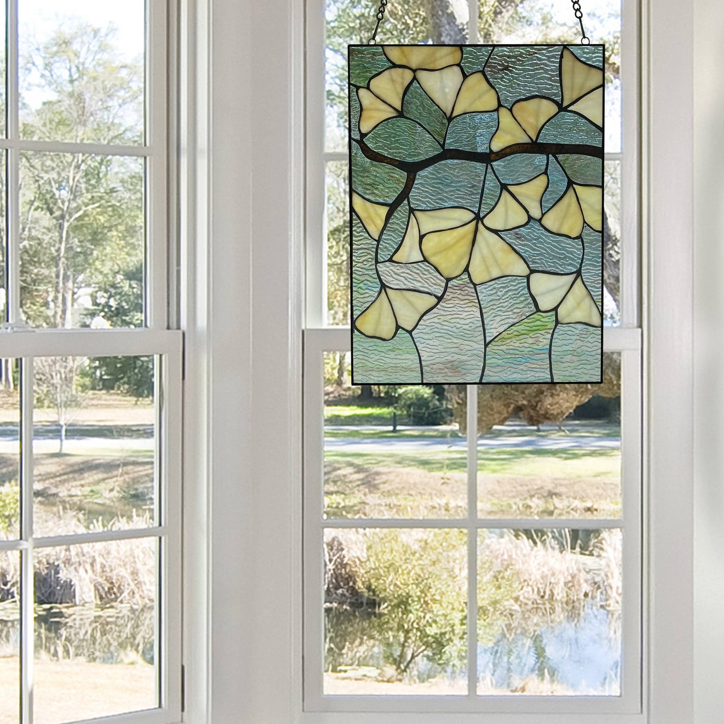 Stained Glass Robert Yellow Gingko Leaf Window Panel 17.5"H
