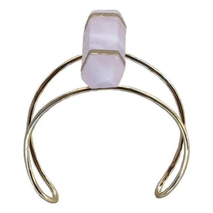 Rose Quartz and Gold Plated Wire Cuff Bracelet