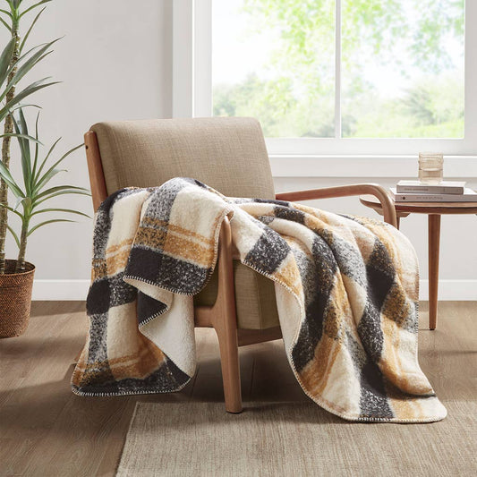 Plaid Catskills Tan Faux Mohair Sherpa Throw