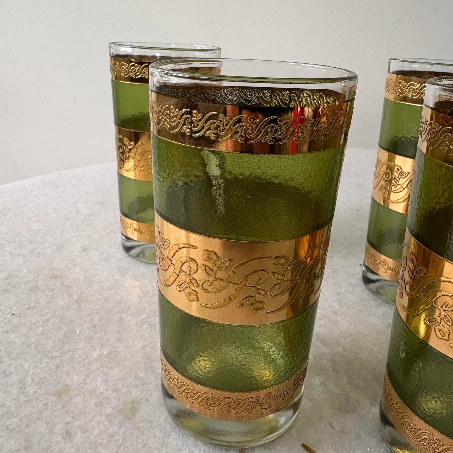 1950s Mid-Century Green and 22k Gold Highball Cocktail Glasses, Set of 4