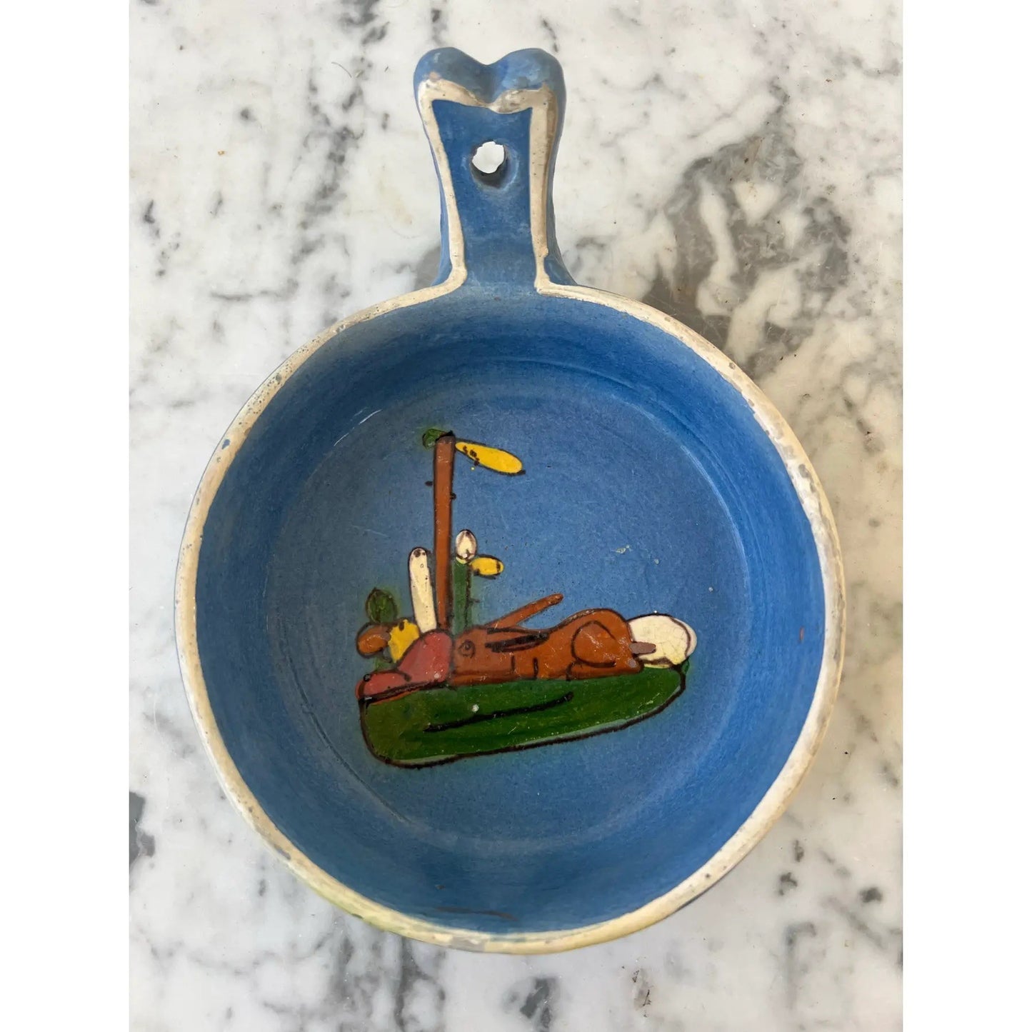 Animal Design Painted and Glazed Terra Cotta Blue Dish With Handle