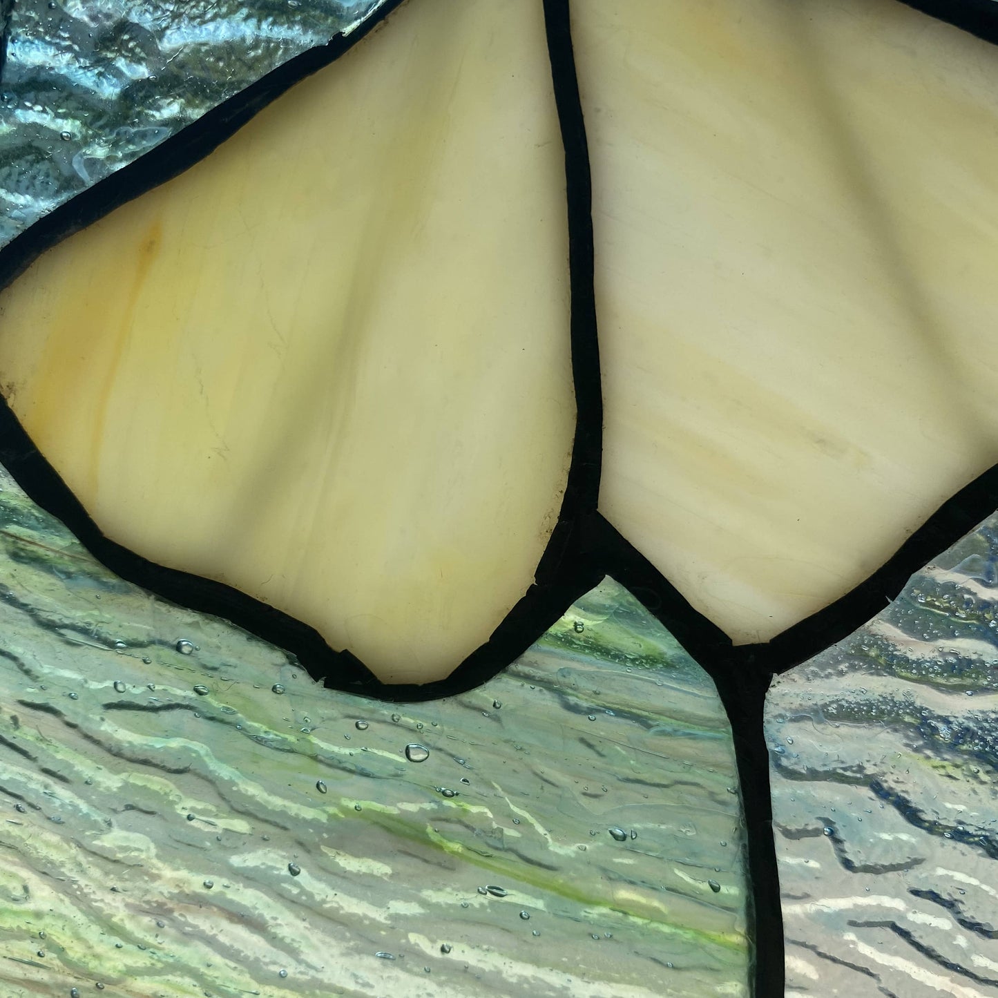 Stained Glass Robert Yellow Gingko Leaf Window Panel 17.5"H