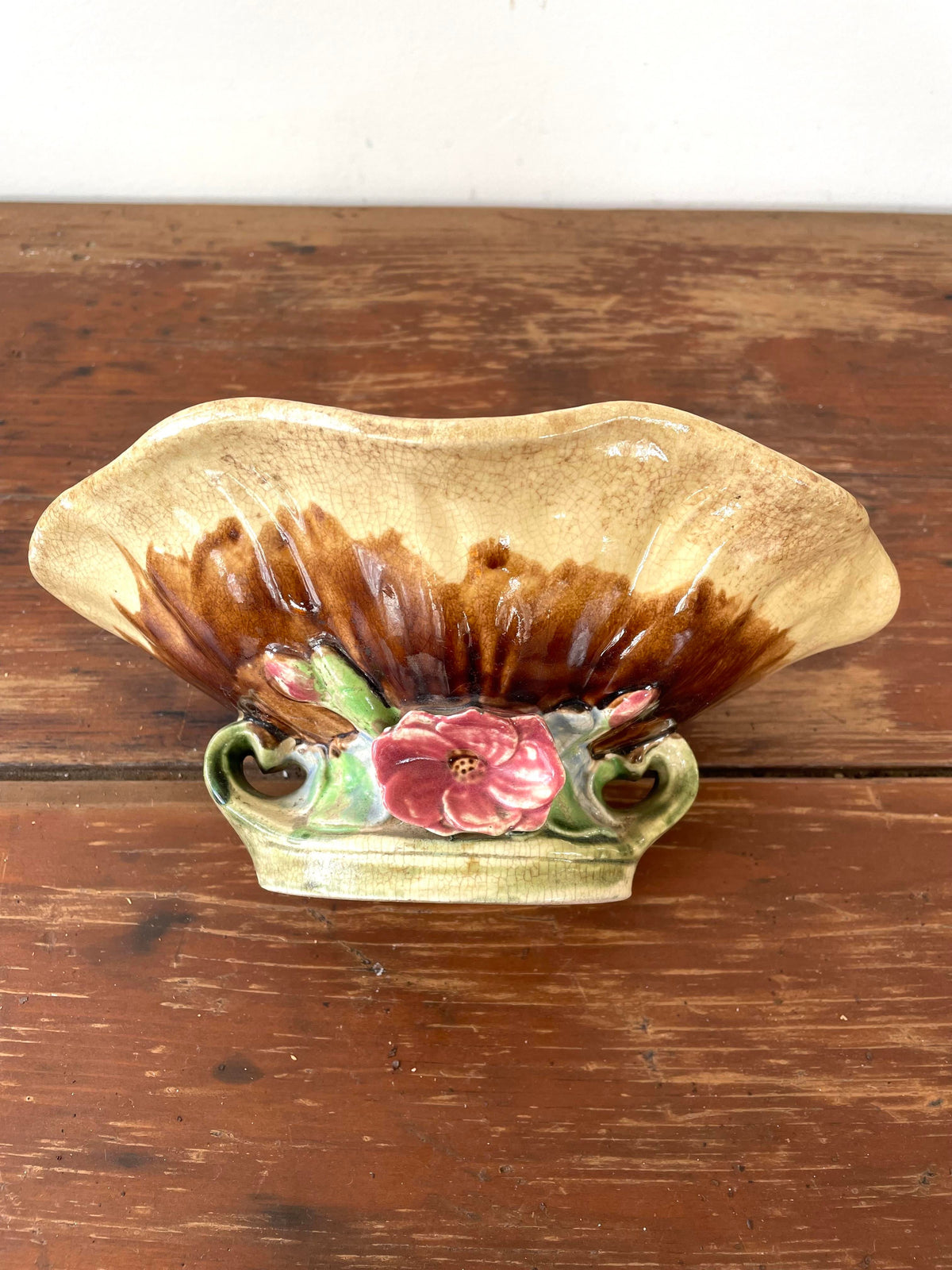 Vintage Majolica Seashell Pedestal Bowl With Flower Base