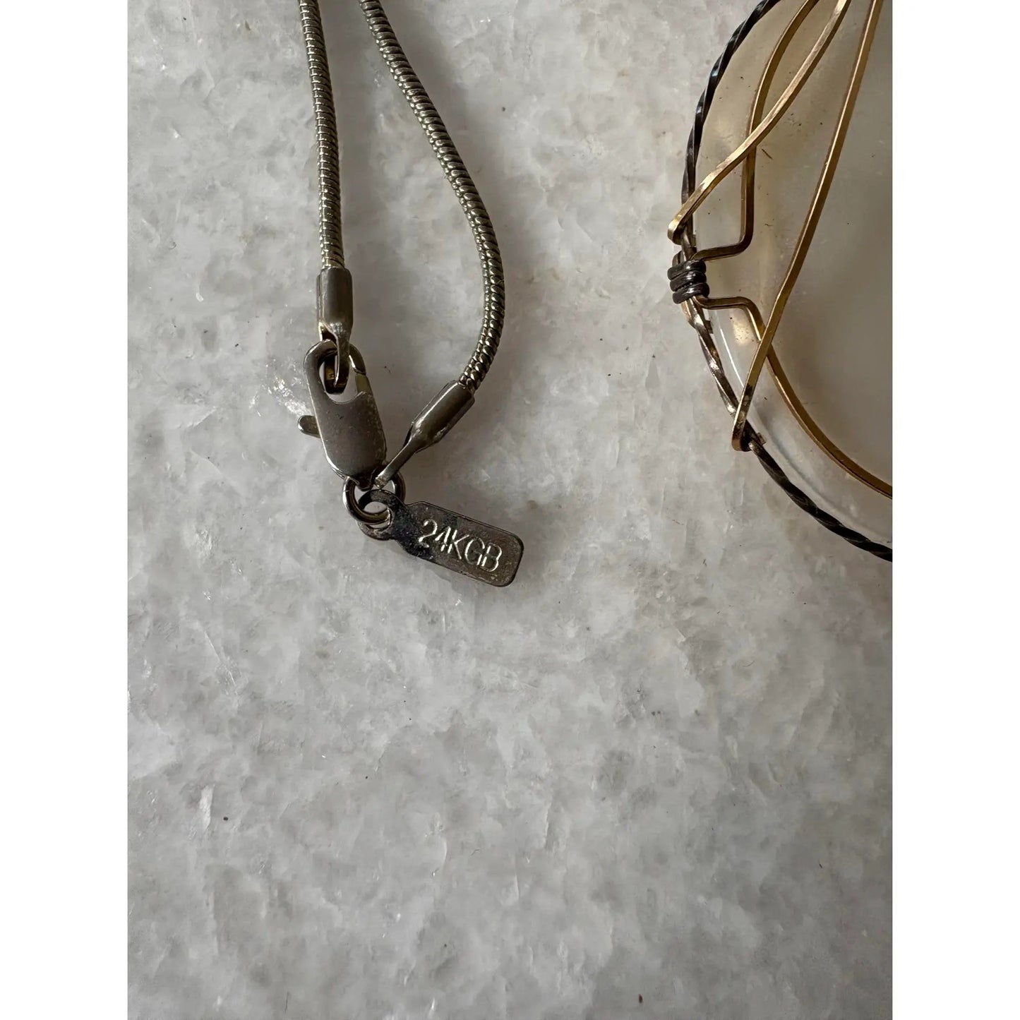 Sterling Silver and Gold Wire Over Mother of Pearl Pendant Necklace