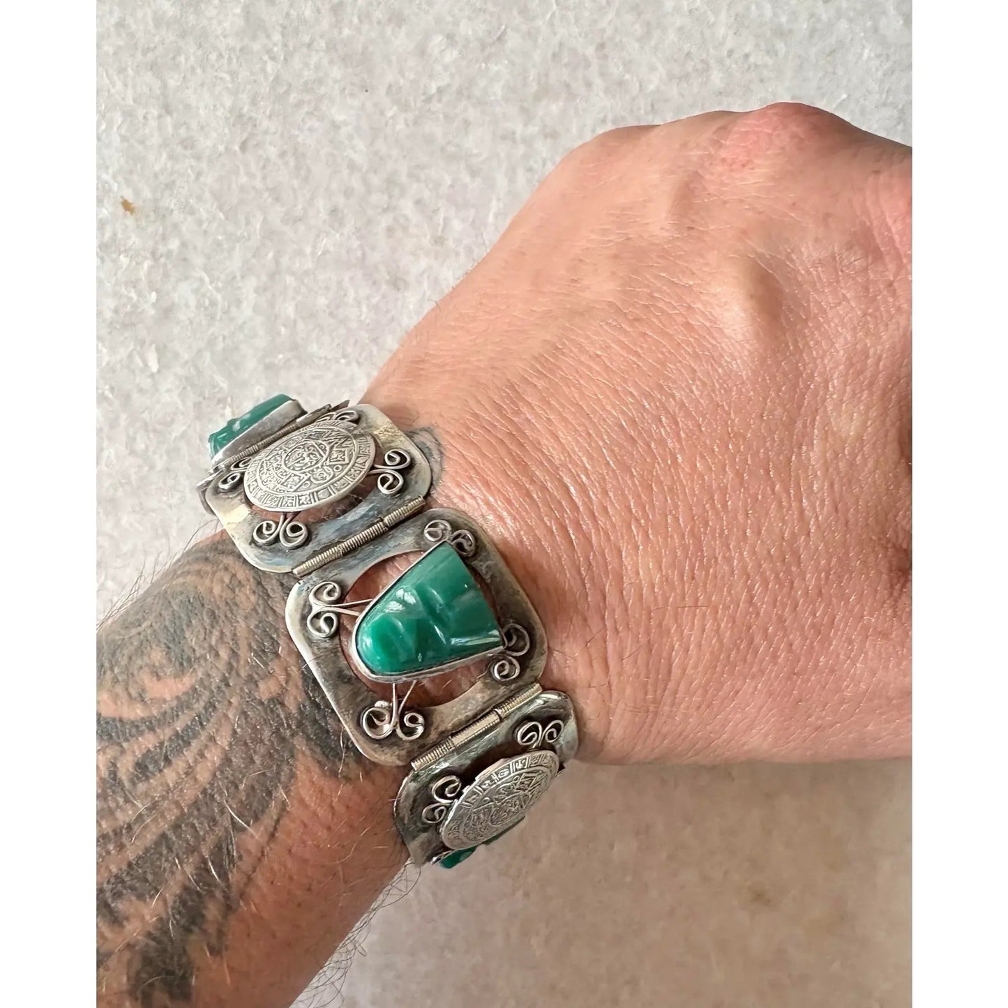 Vintage Aztec Carved Jade and Sterling Silver Wrap Bracelet - Stamped