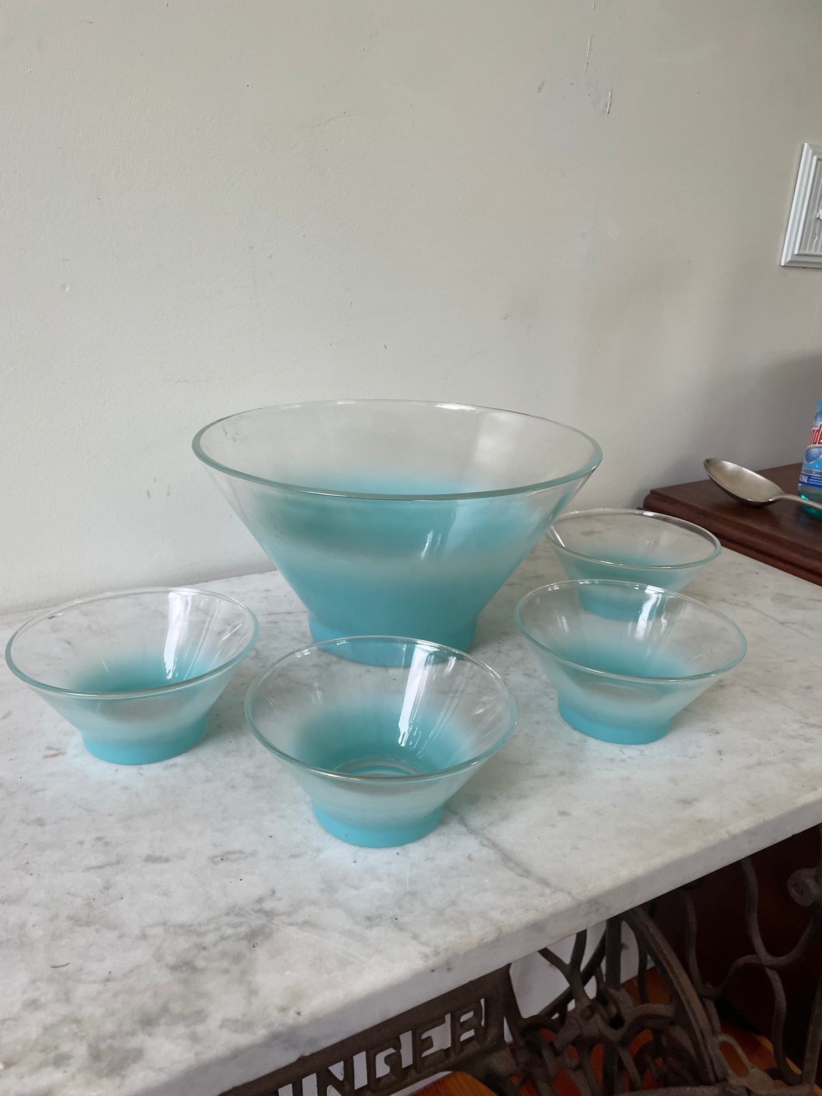 Mid Century Blendo Ombré Turquoise Glass Serving Bowl With 4 Small Side Bowls