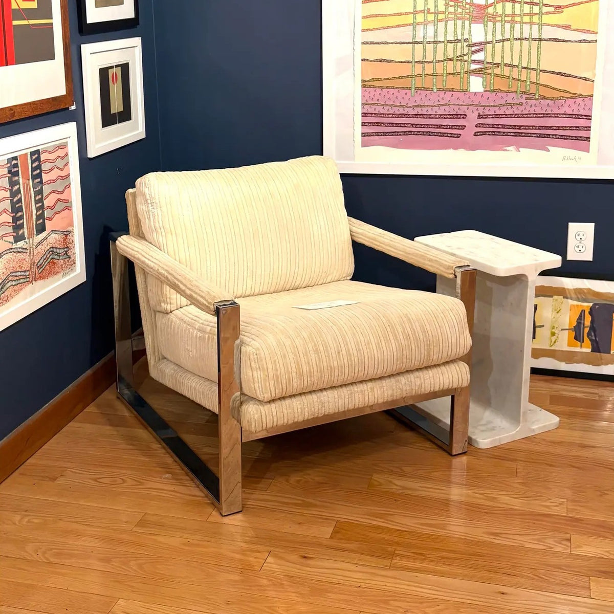 Milo Baughman Chrome Frame Lounge Chair in Newer Cream Chanel Upholstery