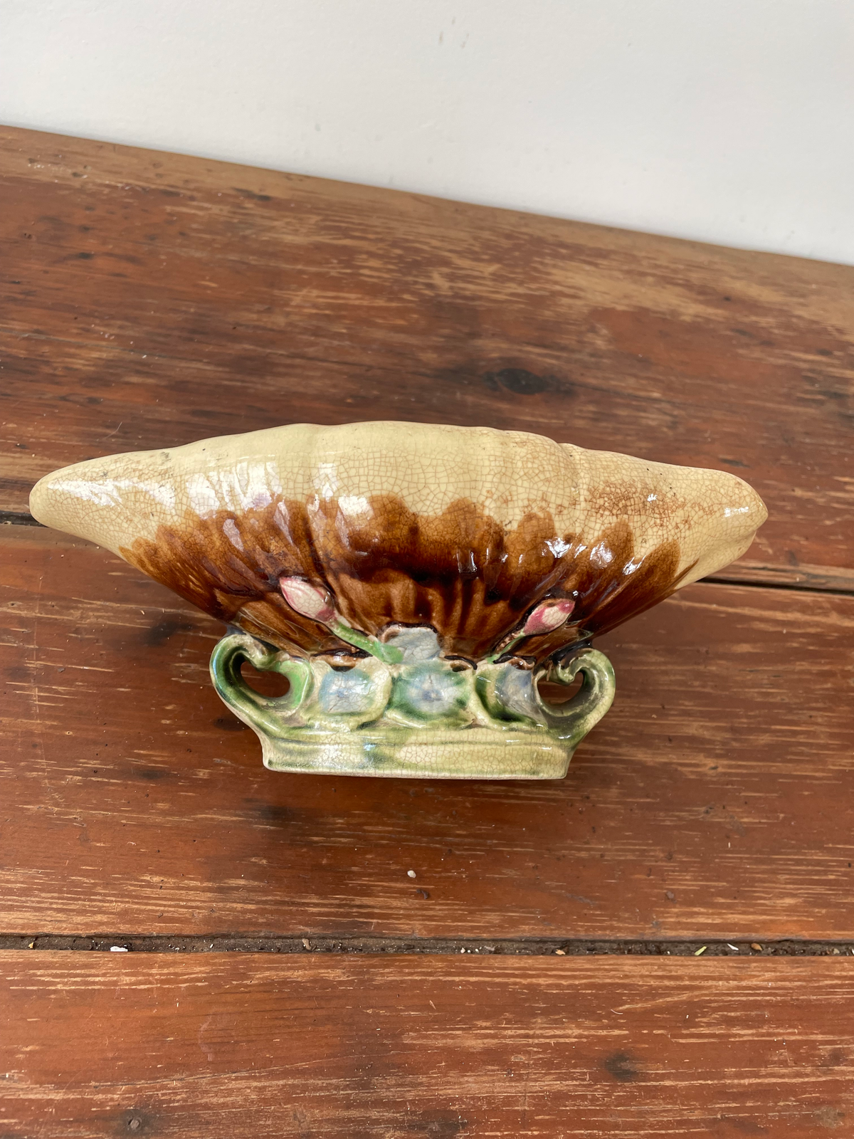 Vintage Majolica Seashell Pedestal Bowl With Flower Base