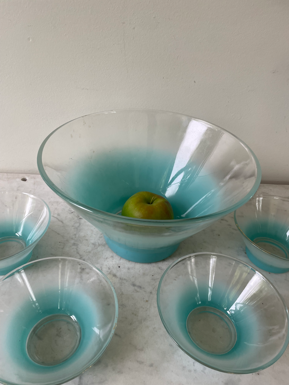 Mid Century Blendo Ombré Turquoise Glass Serving Bowl With 4 Small Side Bowls
