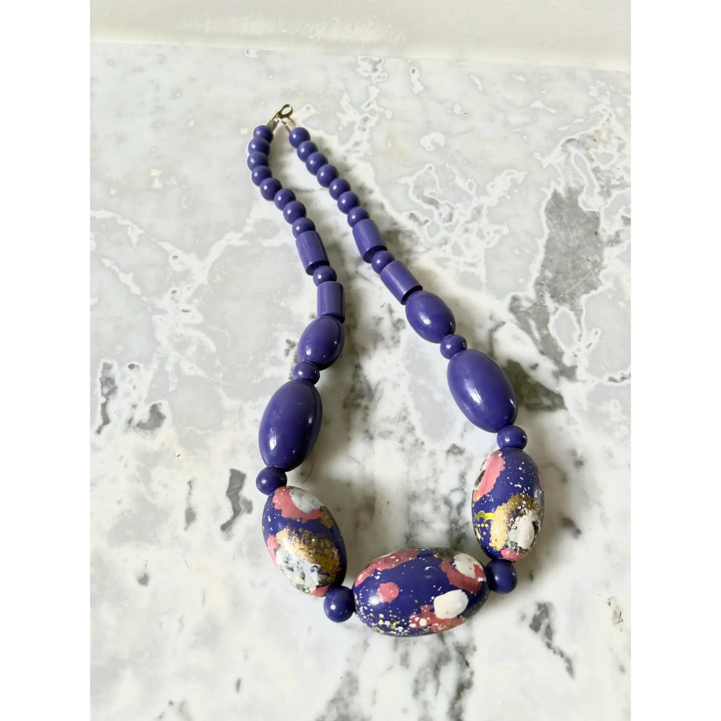 Mid Century Hand Painted Wood Beaded Necklace