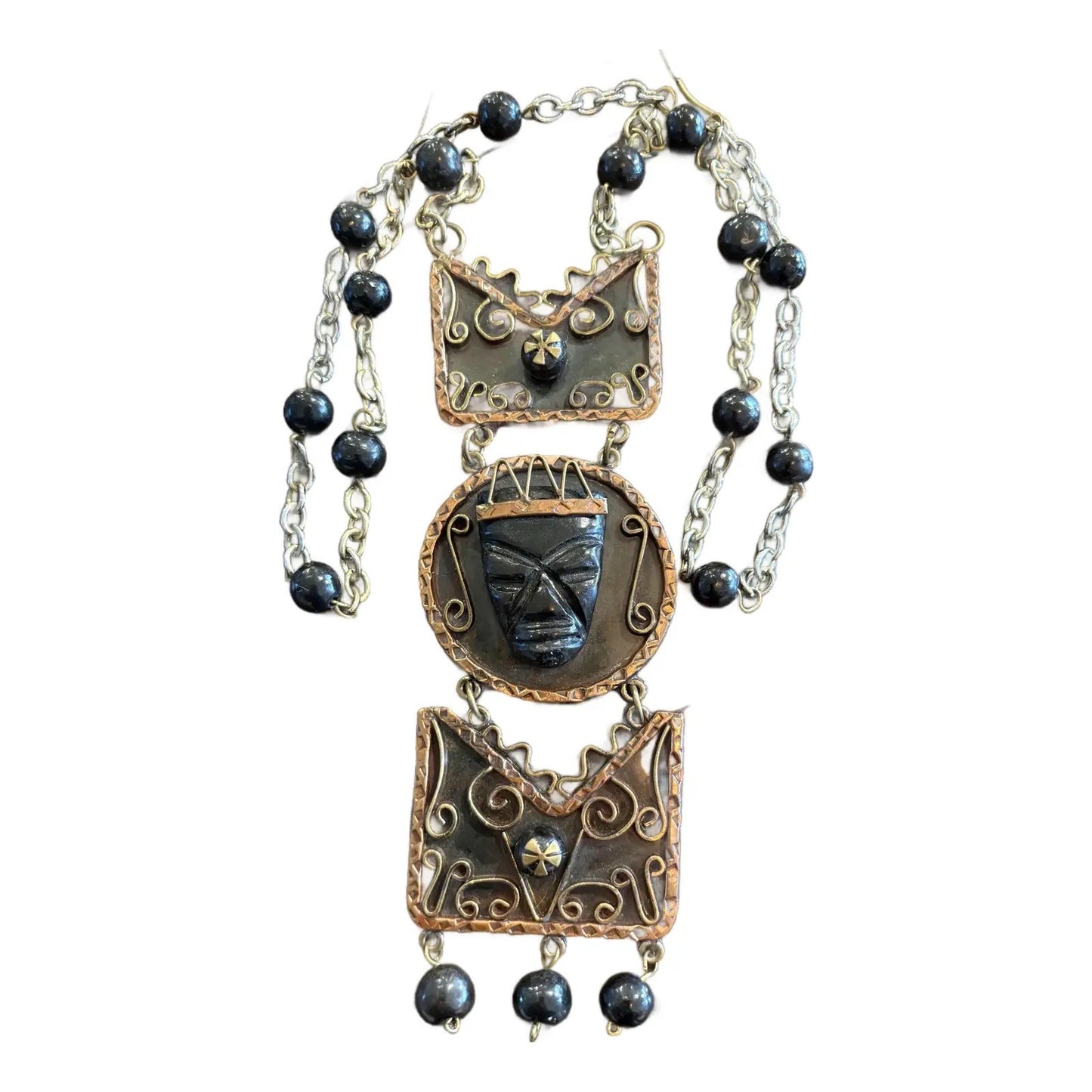 Palm Royal Style Aztec Carved Black Onyx, Brass, and Copper Necklace