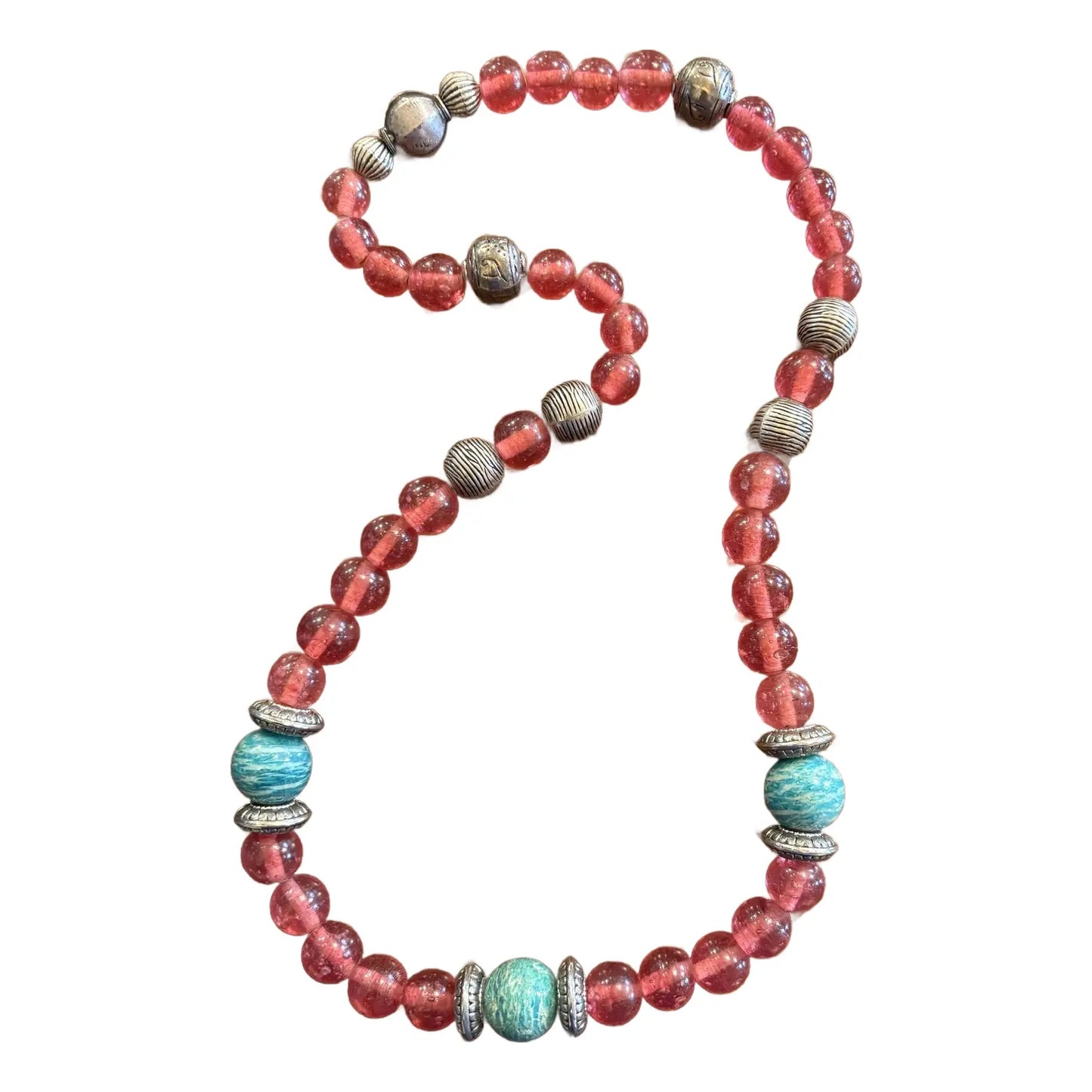 Collar de Cuentas de Plata Mixta, Amazonita y Cristal Chino Antiguo Rojo