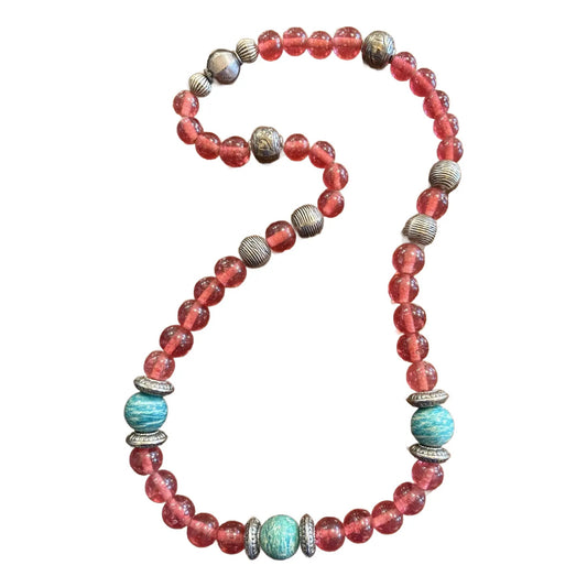 Collar de Cuentas de Plata Mixta, Amazonita y Cristal Chino Antiguo Rojo