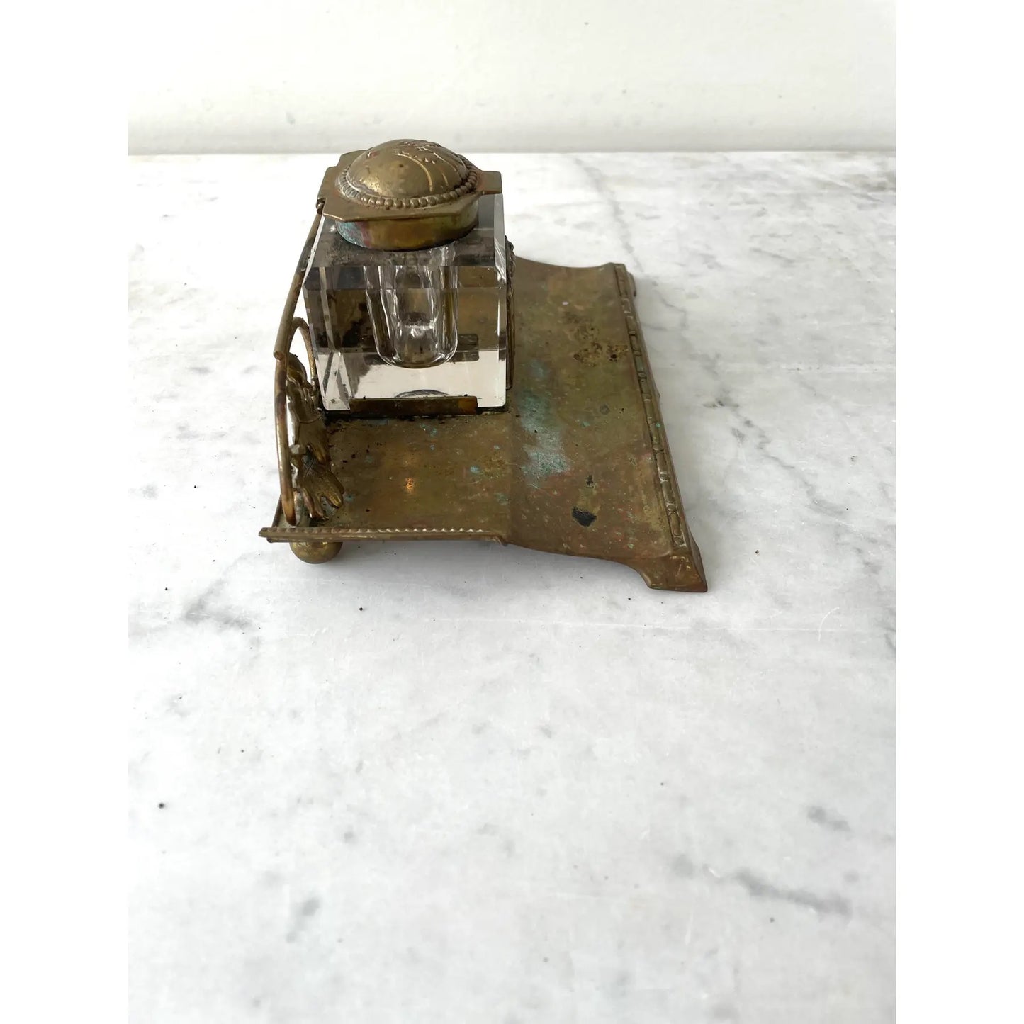 Art Nouveau Crystal and Brass Inkwell