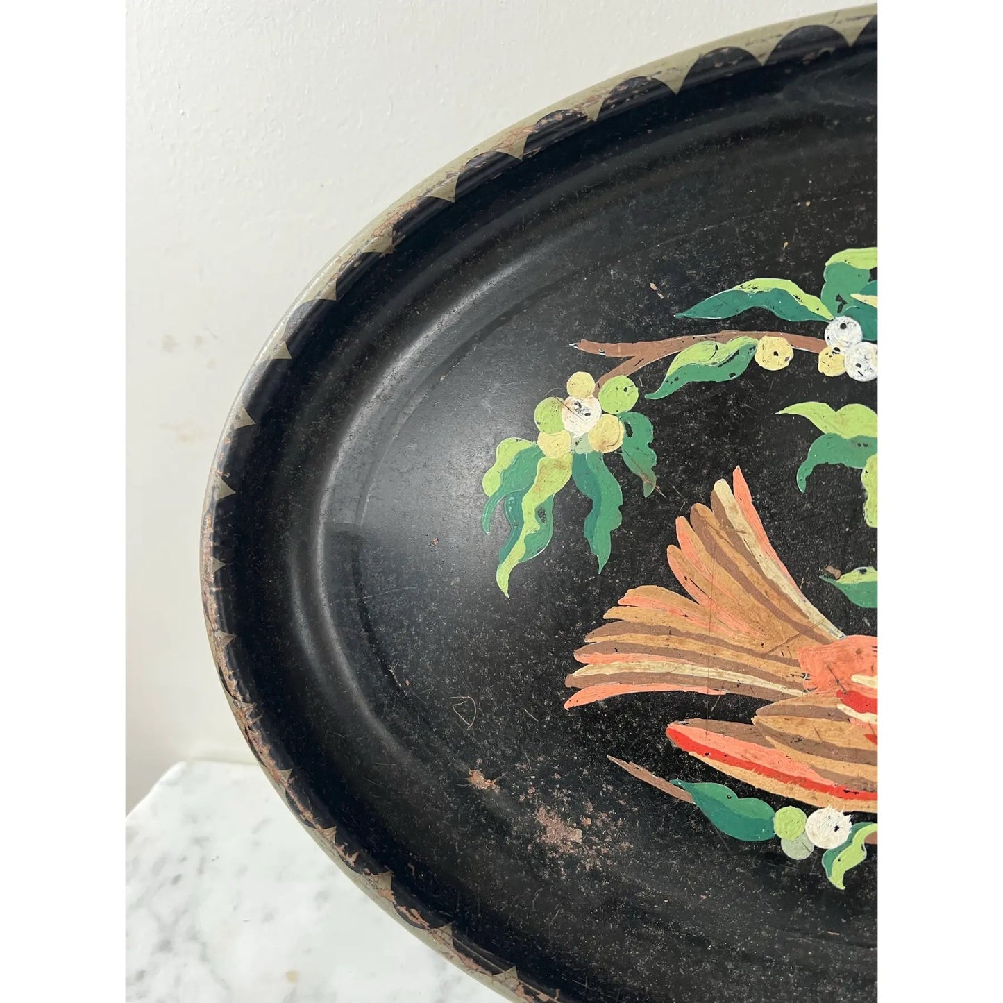 Vintage Hand-Painted Oval Metal Tray With Two Birds and Juniper Berries
