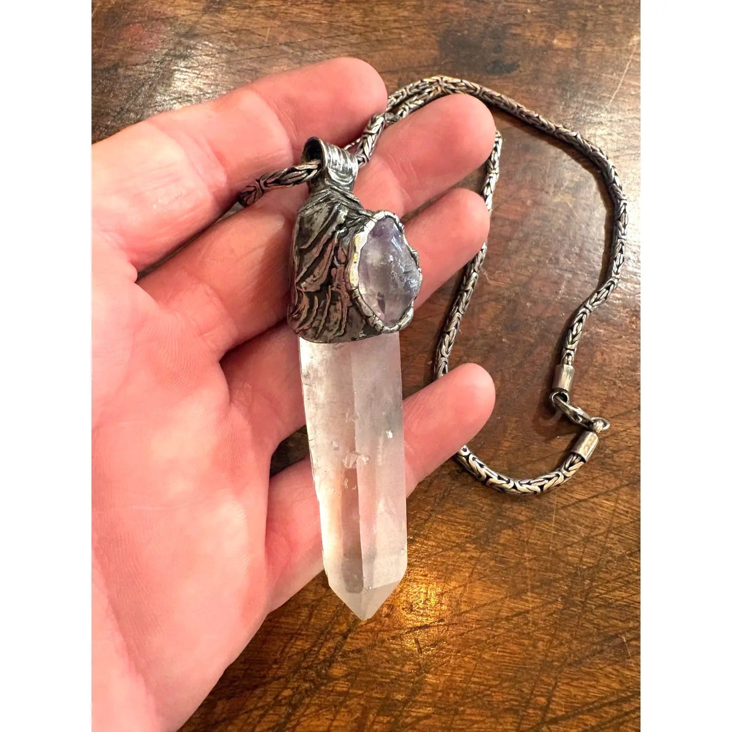 Sterling Silver Vintage Quartz and Amethyst Pendant Necklace