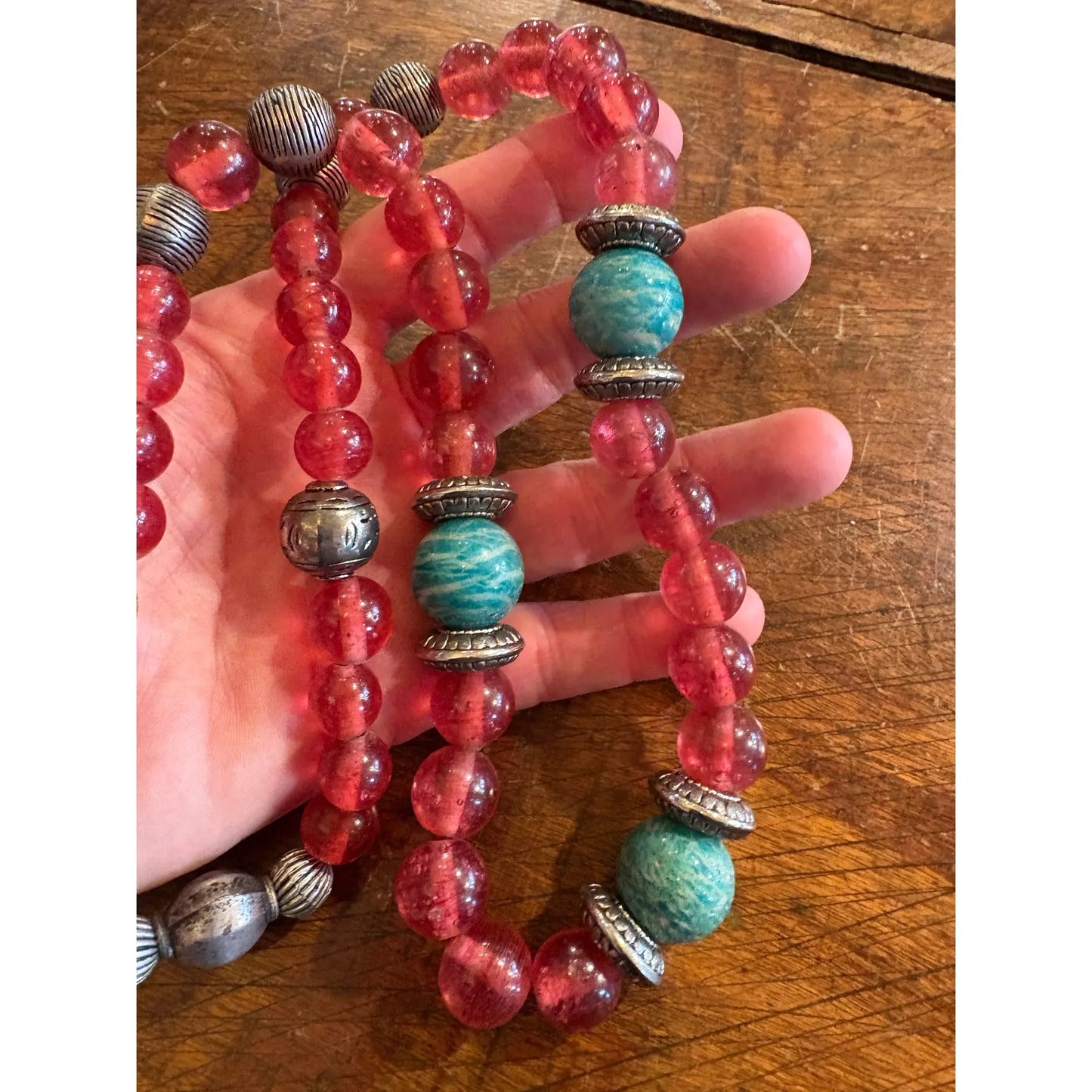 Collar de Cuentas de Plata Mixta, Amazonita y Cristal Chino Antiguo Rojo