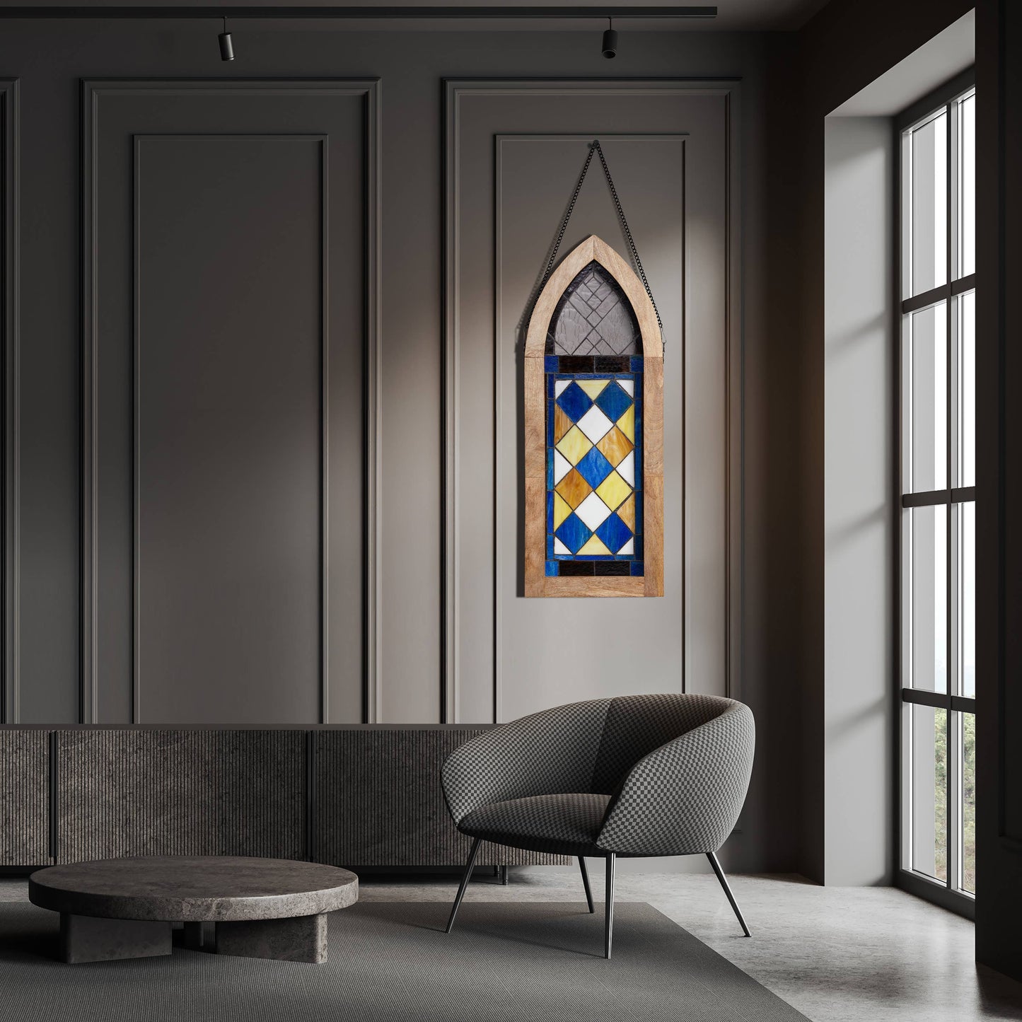 Victorian Style Checkerboard Stained Glass Window Panel