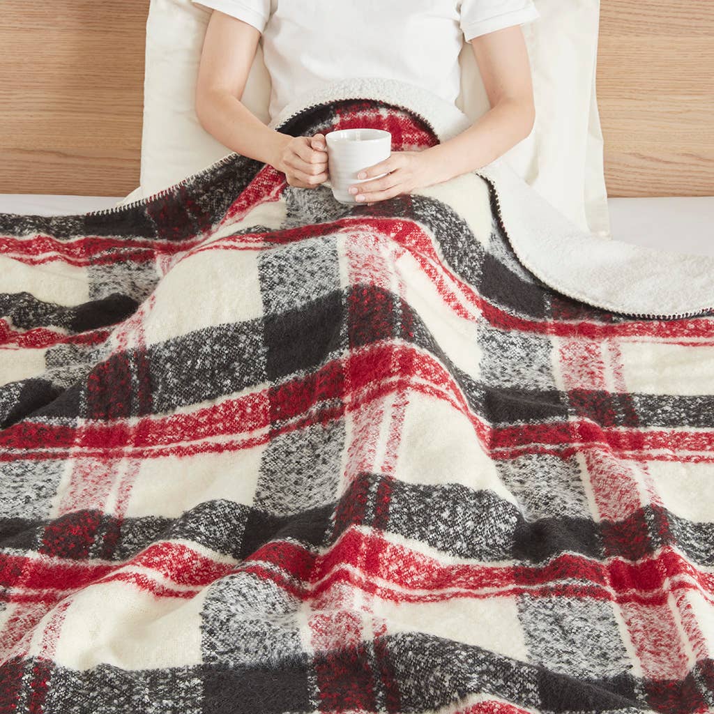 Plaid Catskills Red Faux Mohair Sherpa Throw