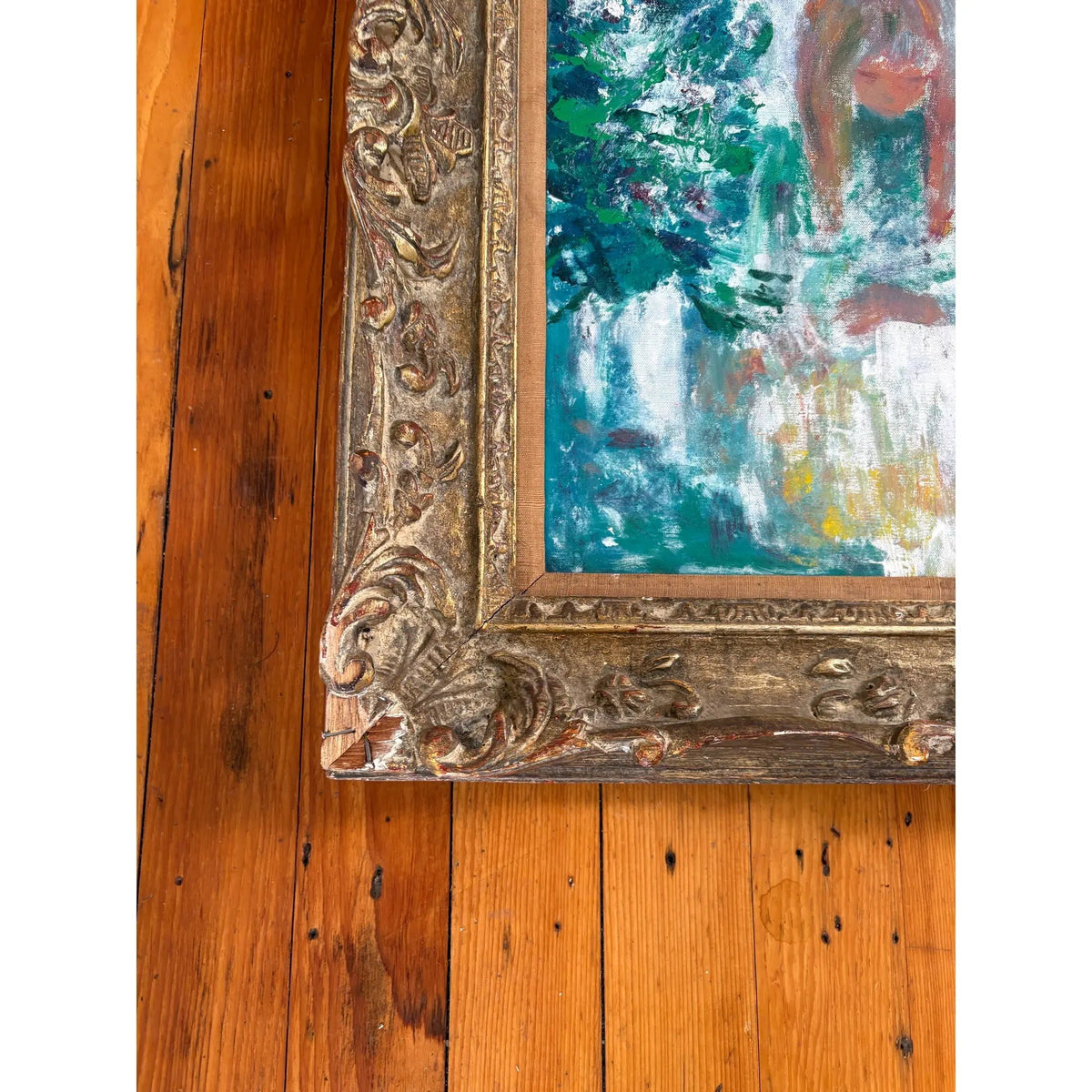 Antique French Impressionistic Painting on Canvas in Antique Wood Carved Frame