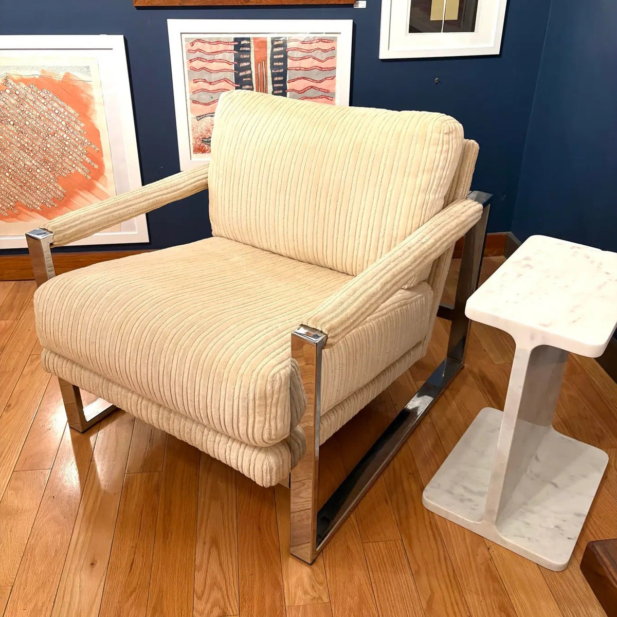 Milo Baughman Chrome Frame Lounge Chair in Newer Cream Chanel Upholstery