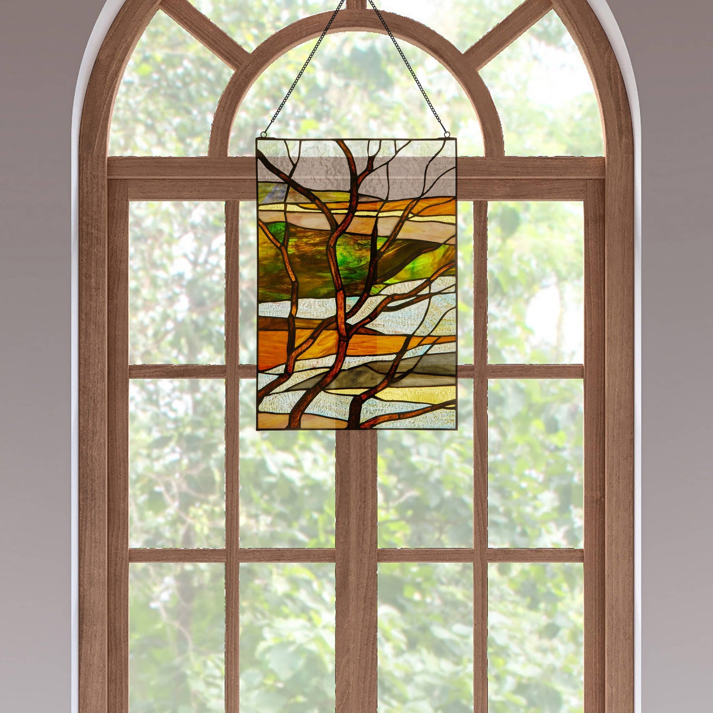 Stained Glass Fall Treescape Window Panel 20"H