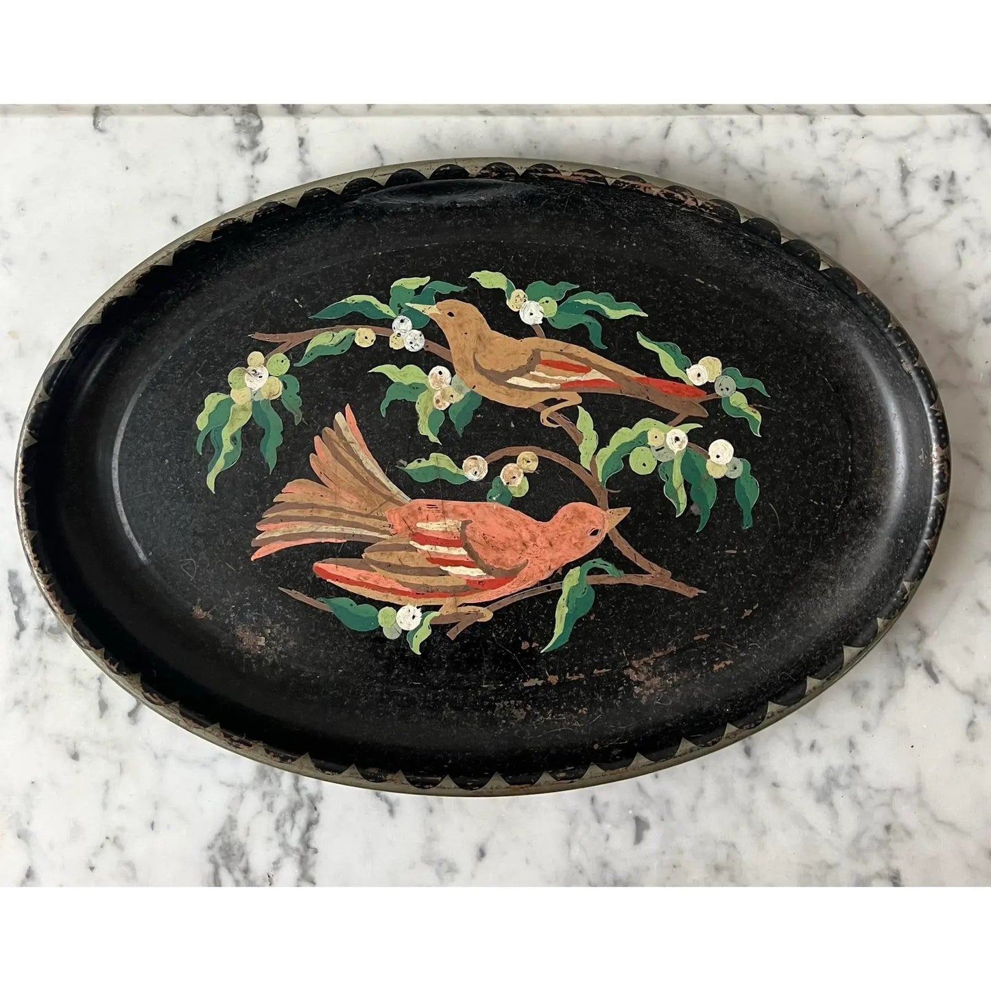 Vintage Hand-Painted Oval Metal Tray With Two Birds and Juniper Berries