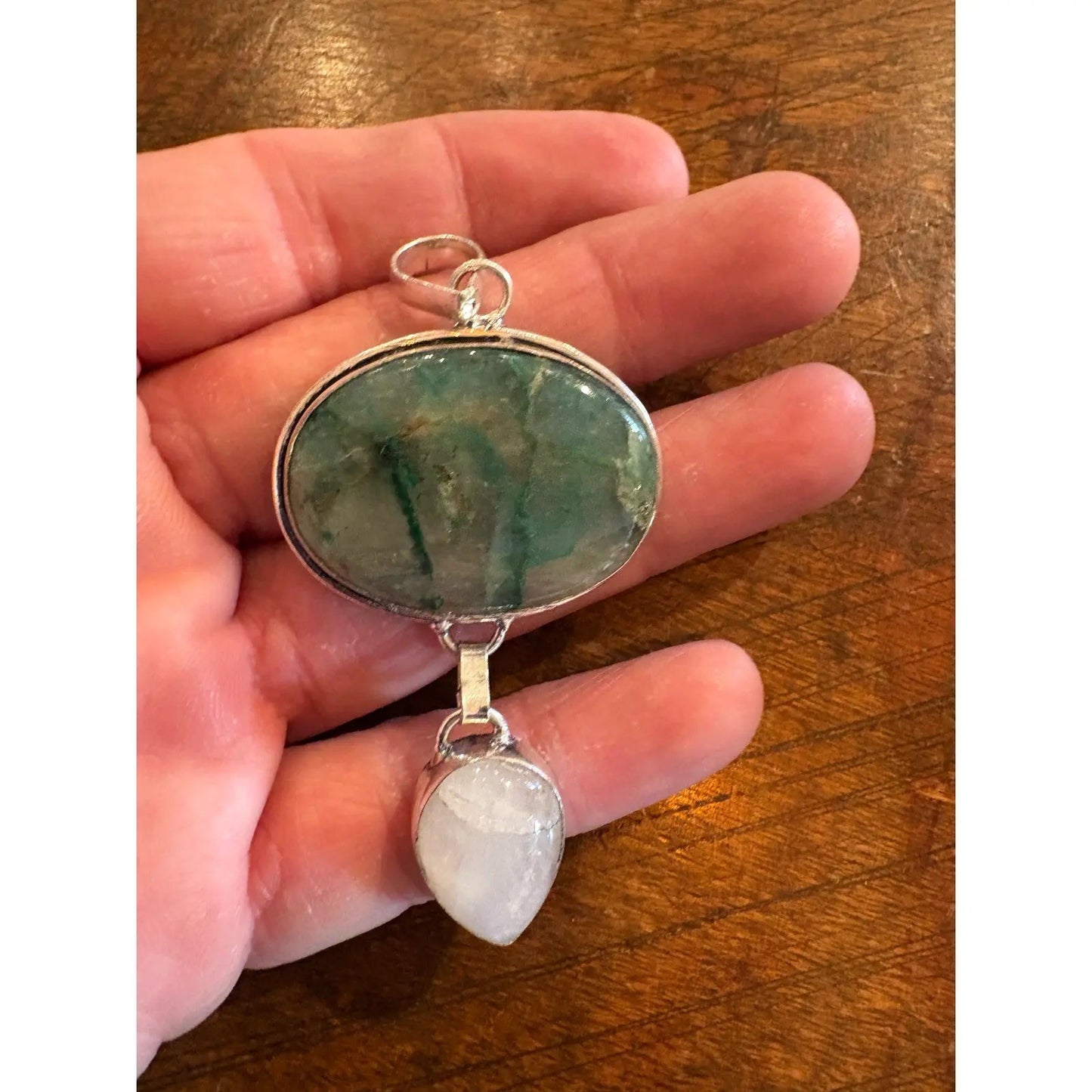 Vintage Sterling Silver Pendant Featuring an Emerald in Matrix Stone and a Moonstone