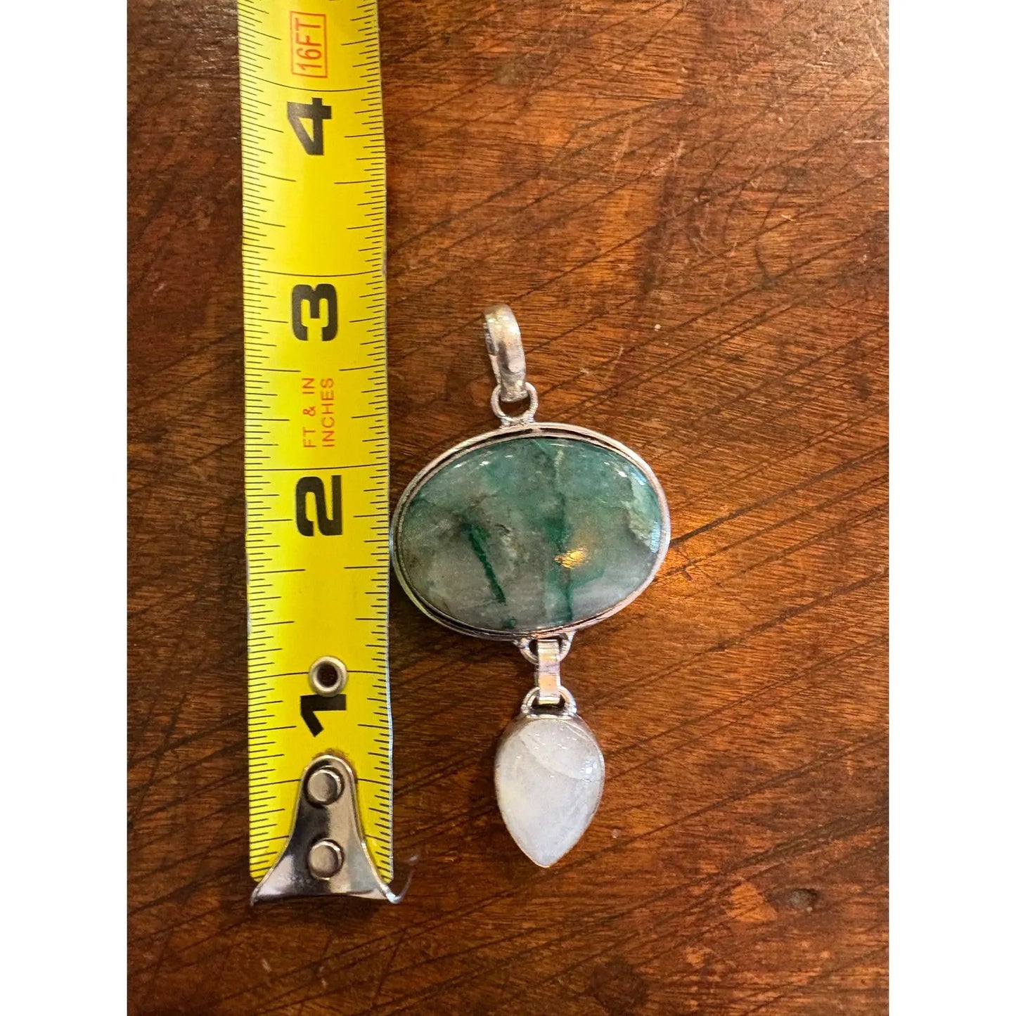 Vintage Sterling Silver Pendant Featuring an Emerald in Matrix Stone and a Moonstone