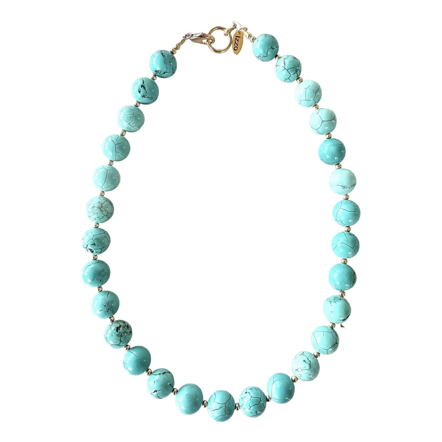 Collar de Cuentas Turquesas con Tono Dorado, Broche y Espaciadores Diseñado por Matthew Izzo 18”