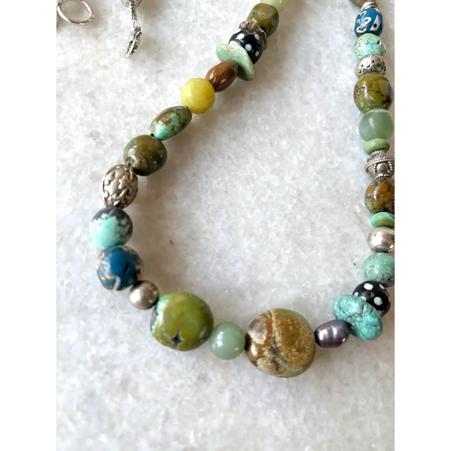 Rare Beaded Necklace of Tibetan Turquoise Silver African Trade Beads, Jade
