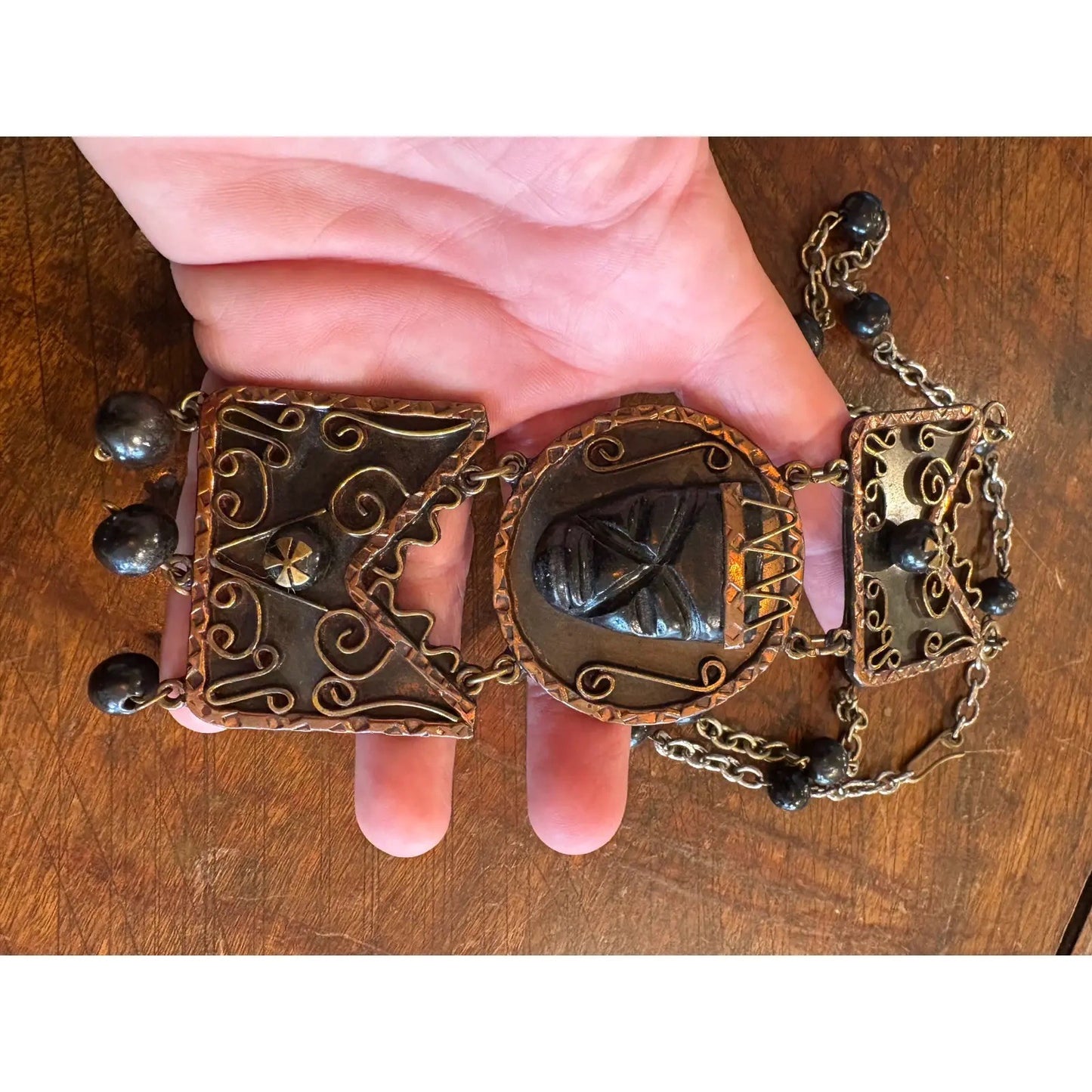 Palm Royal Style Aztec Carved Black Onyx, Brass, and Copper Necklace