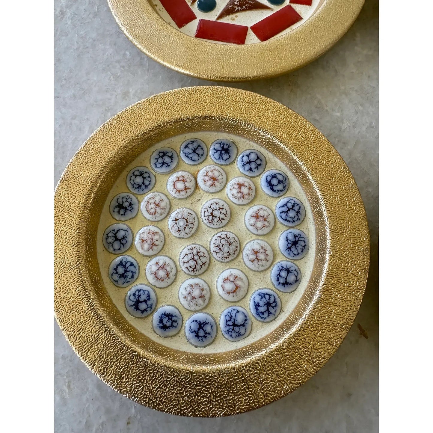 1950s Mid-Century Modern Mosaic, Tile, Coasters, and Gold Medal Base Set of 4
