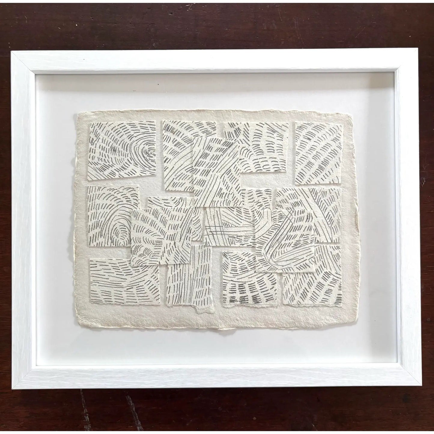 Barbara Beck Graphite on Paper, Cut Paper Collage in White Frame