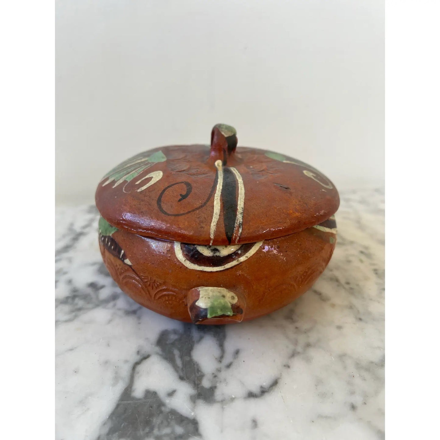 Hand Painted Mexican Terracotta Bowl With Lid Stamped Made in Mexico