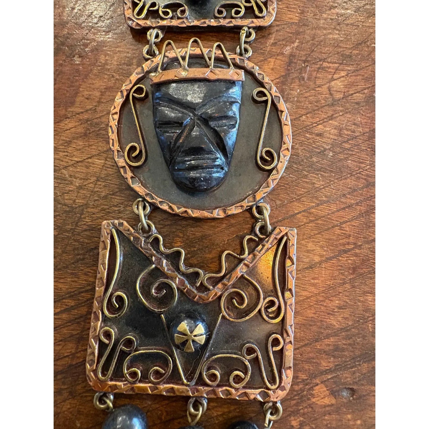 Palm Royal Style Aztec Carved Black Onyx, Brass, and Copper Necklace