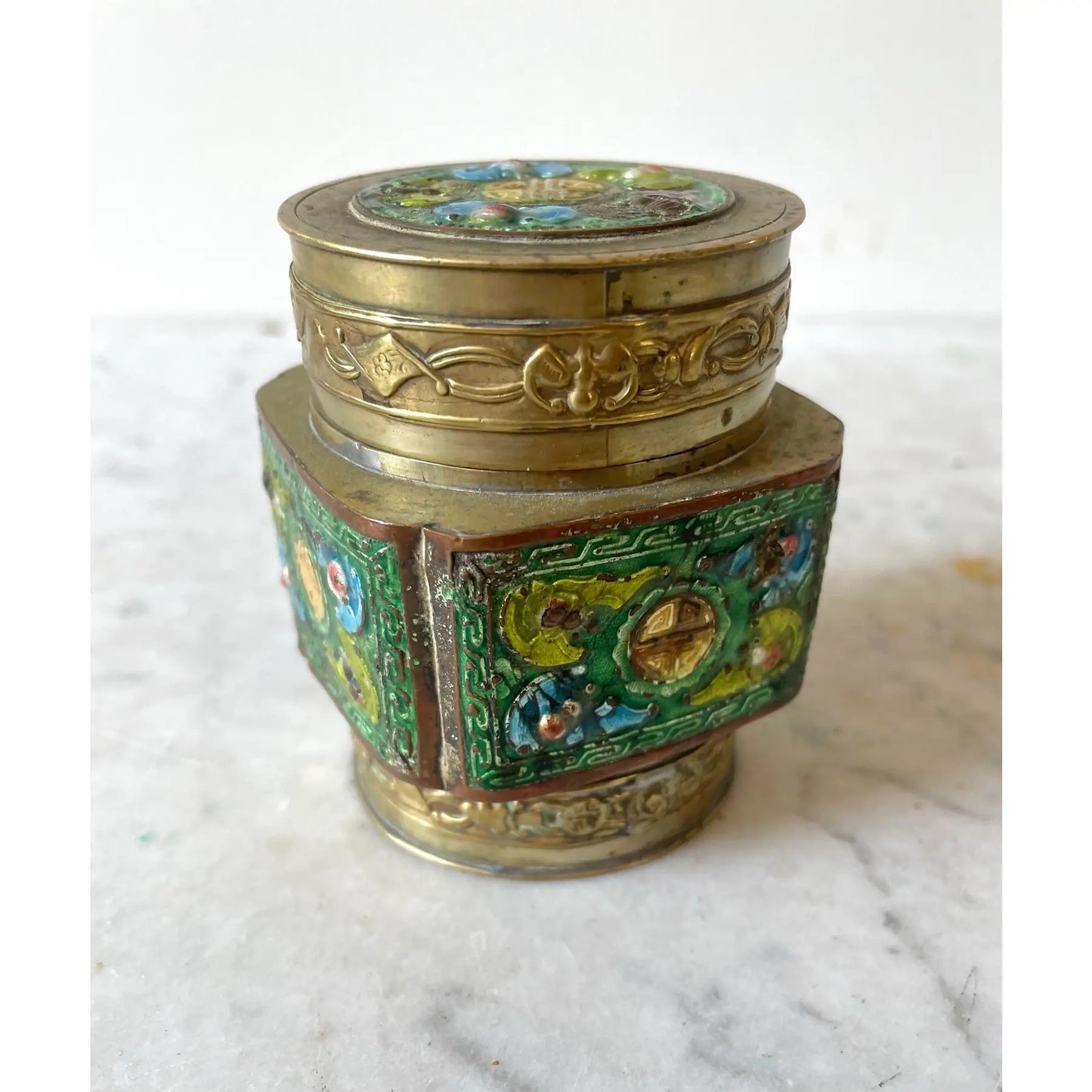 Antique Chinese Brass and Enamel Tea Box