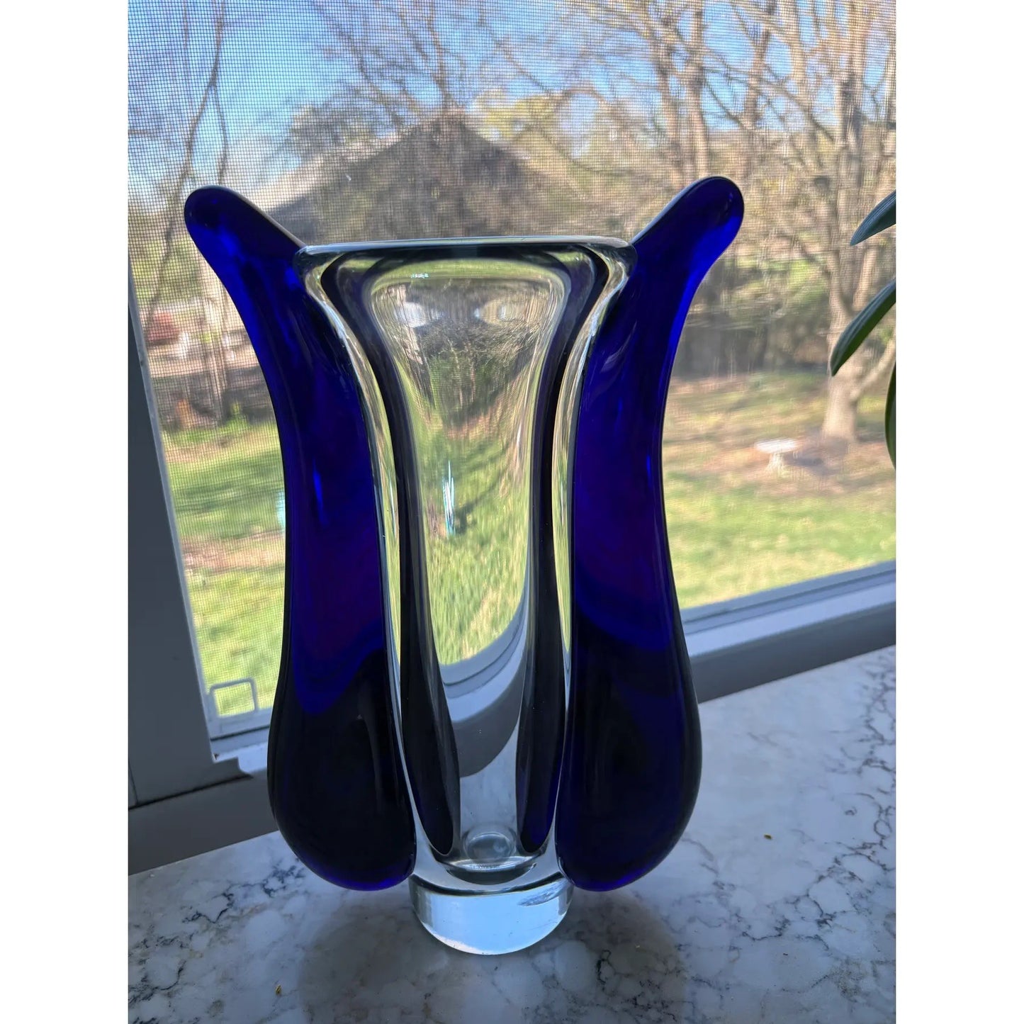 Jaroslav Svoboda Karlov Art Glass Vase Clear and Blue, Signed