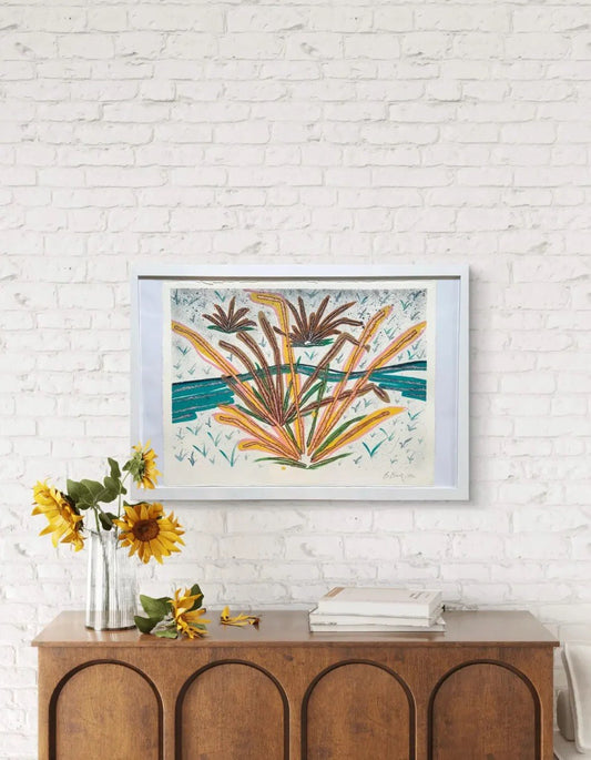 Barbara Beck 1992 Framed Landscape Painting on Paper in White Wood Frame