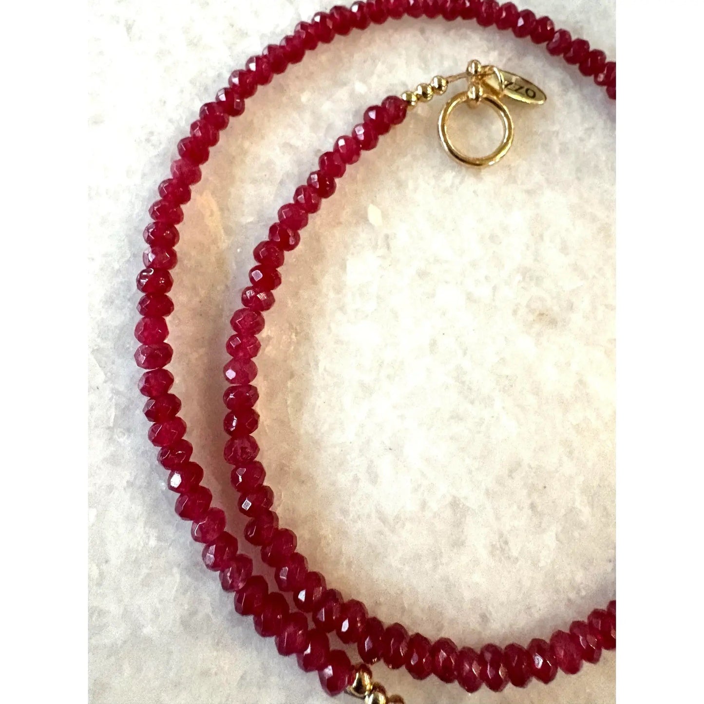 Red Quartz Faceted Beaded Necklace With Gold Tone Clasp - Designed by Matthew Izzo