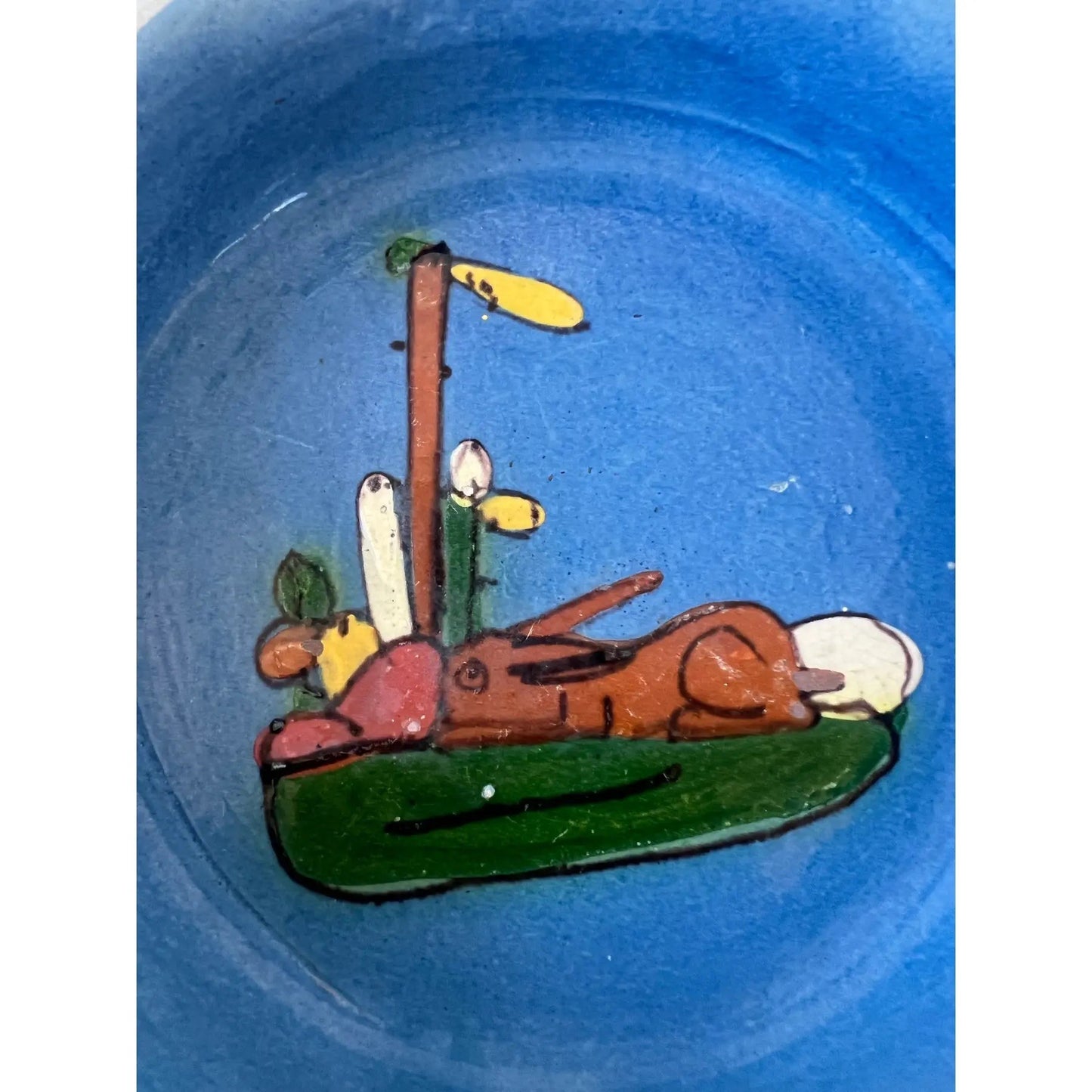 Animal Design Painted and Glazed Terra Cotta Blue Dish With Handle
