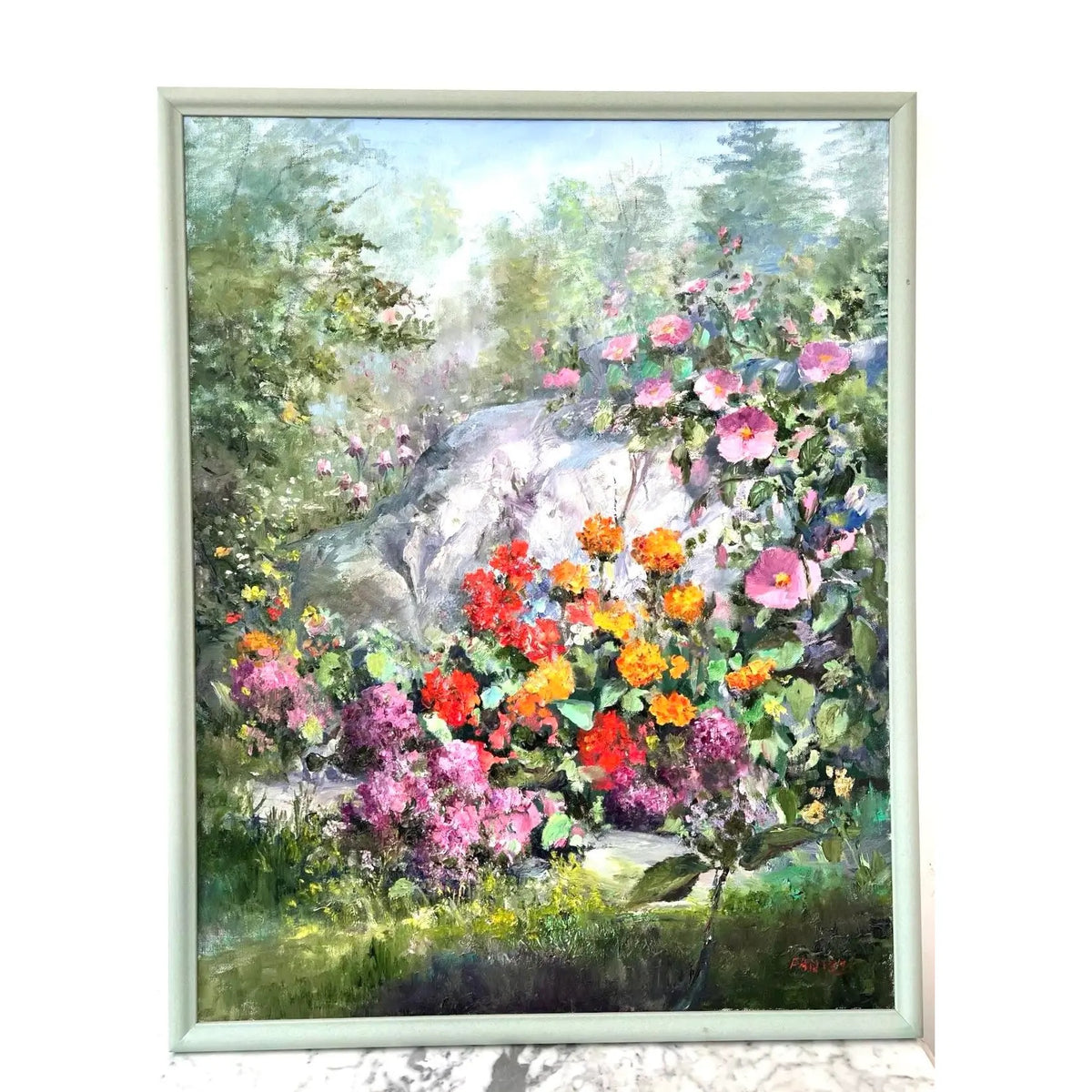 Floral Rock by Dorothy Fanizzi, 20th Century Oil Painting on Canvas, Framed