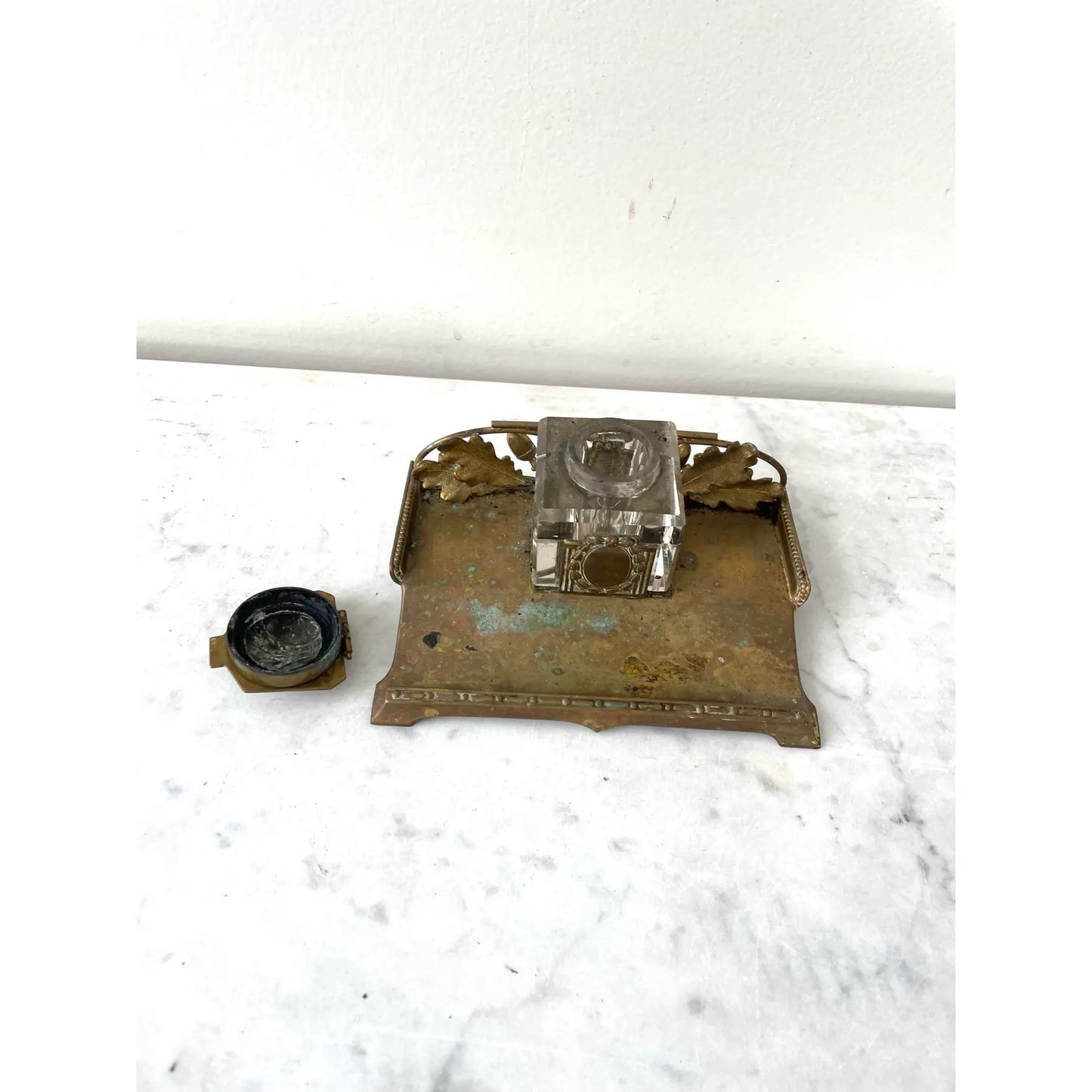 Art Nouveau Crystal and Brass Inkwell