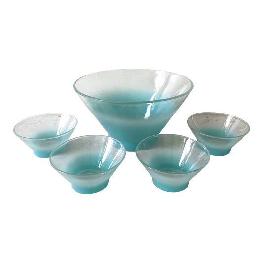 Mid Century Blendo Ombré Turquoise Glass Serving Bowl With 4 Small Side Bowls